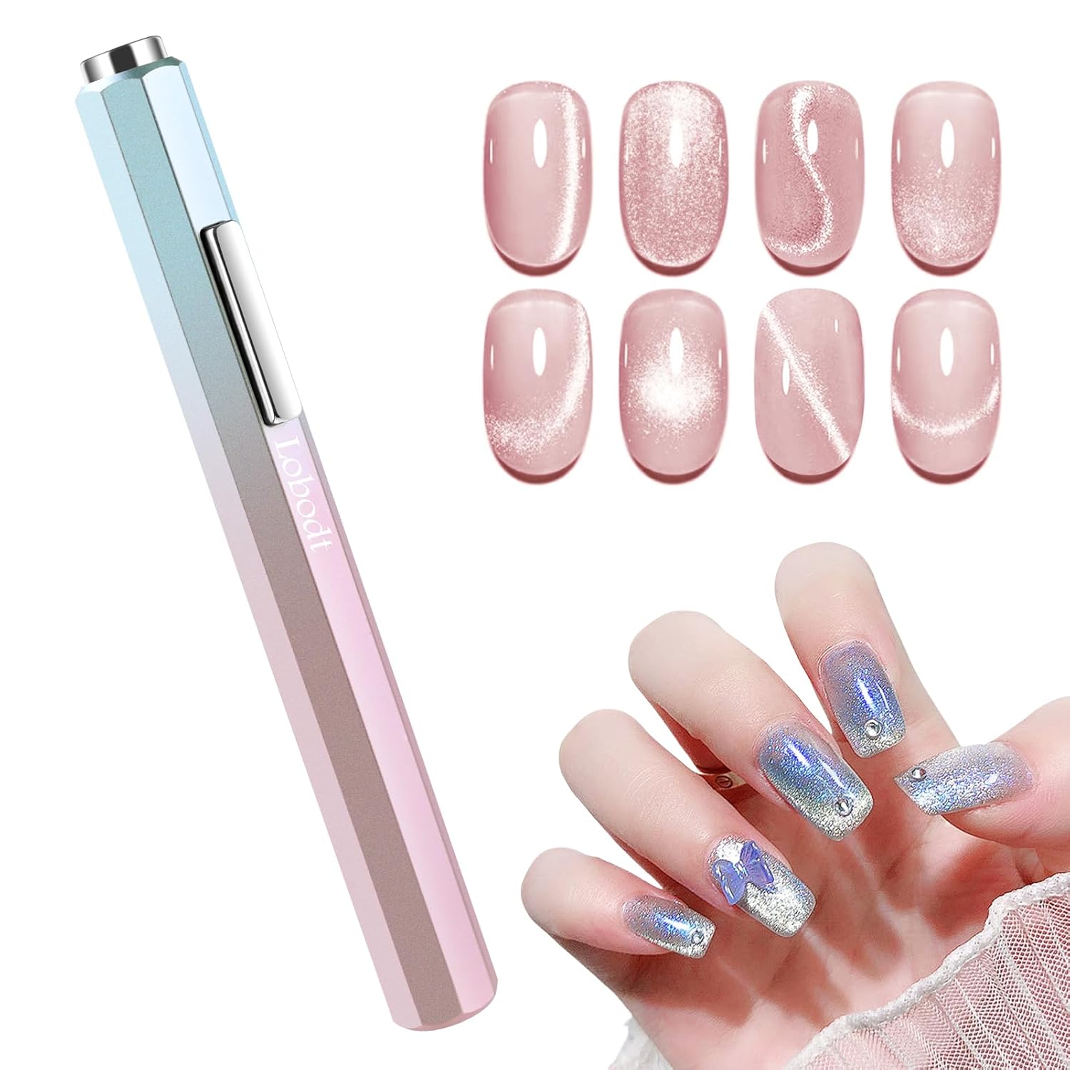 strong magnetic double-head 2-in-1 multi-functional cat's eye magnet, octagonal metal handle , suitable for DIY at home in nail art salons (gradient pink)