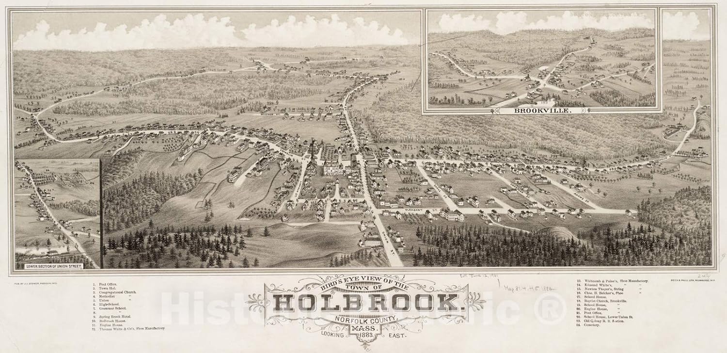 Historical Map, Bird's Eye View of The Town of Holbrook : Norfolk County, Mass, Looking East, 1882, Vintage Wall Art : 64in x 36in