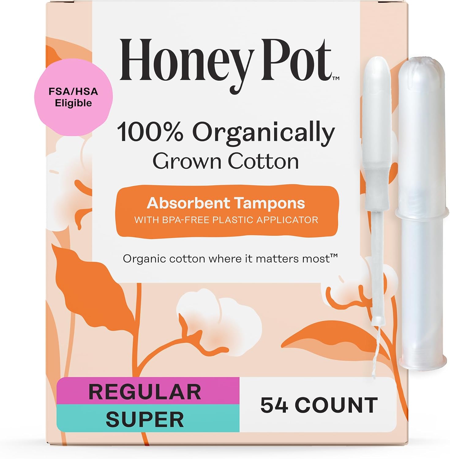 The Honey Pot Company - Multipack -100% Organic Cotton Core Tampons w/Bio Plastic Applicator - Regular & Super Absorbency - Unscented - Feminine Care - 54 Count (3 Packs of 18)