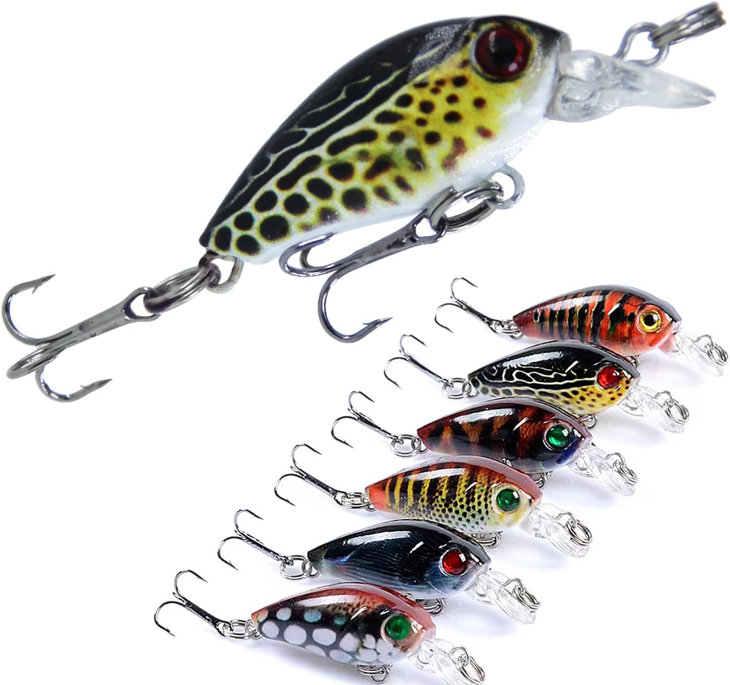 Crankbaits Fishing Lures 6 Pcs - Floating Hard Baits With Treble Hooks, 3D Lifelike Eyes and Tackle Box for Sea, Lake, Pike, Perch, Trout