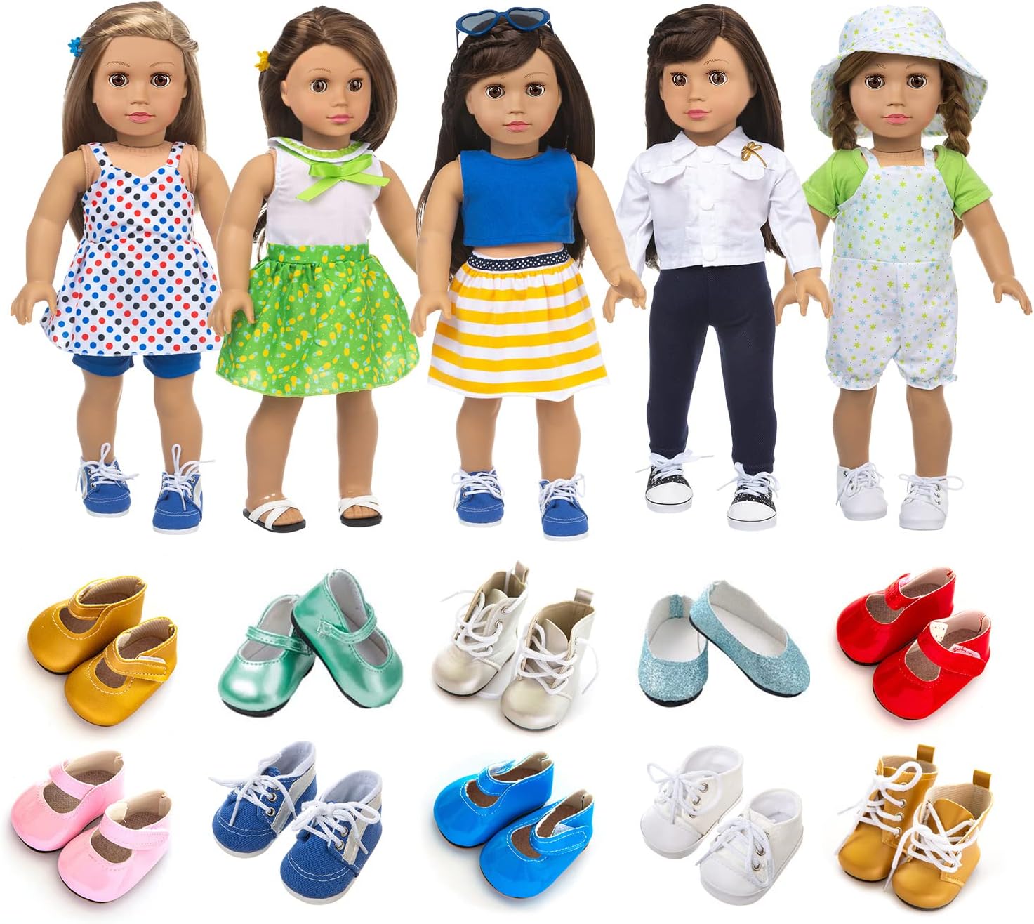 American 18 Inch Doll Clothes and Accessories 5 Sets Doll Clothes Dress Outfits + 2 Random Style Shoes
