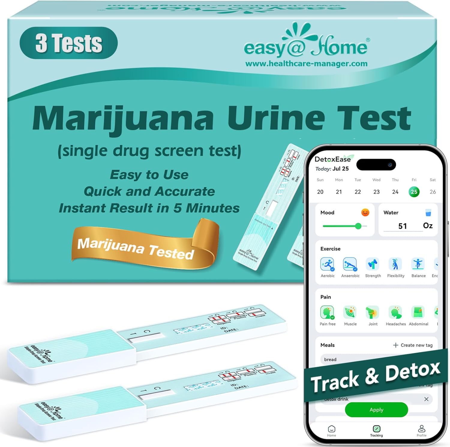 Easy@Home THC Drug Test Kit for Urine - Marijuana Testing Kit 3 Pack, 50ng/ml Cutoff Level THC Single Panel at Home Weed Detox Screening Kit, #EDTH-114