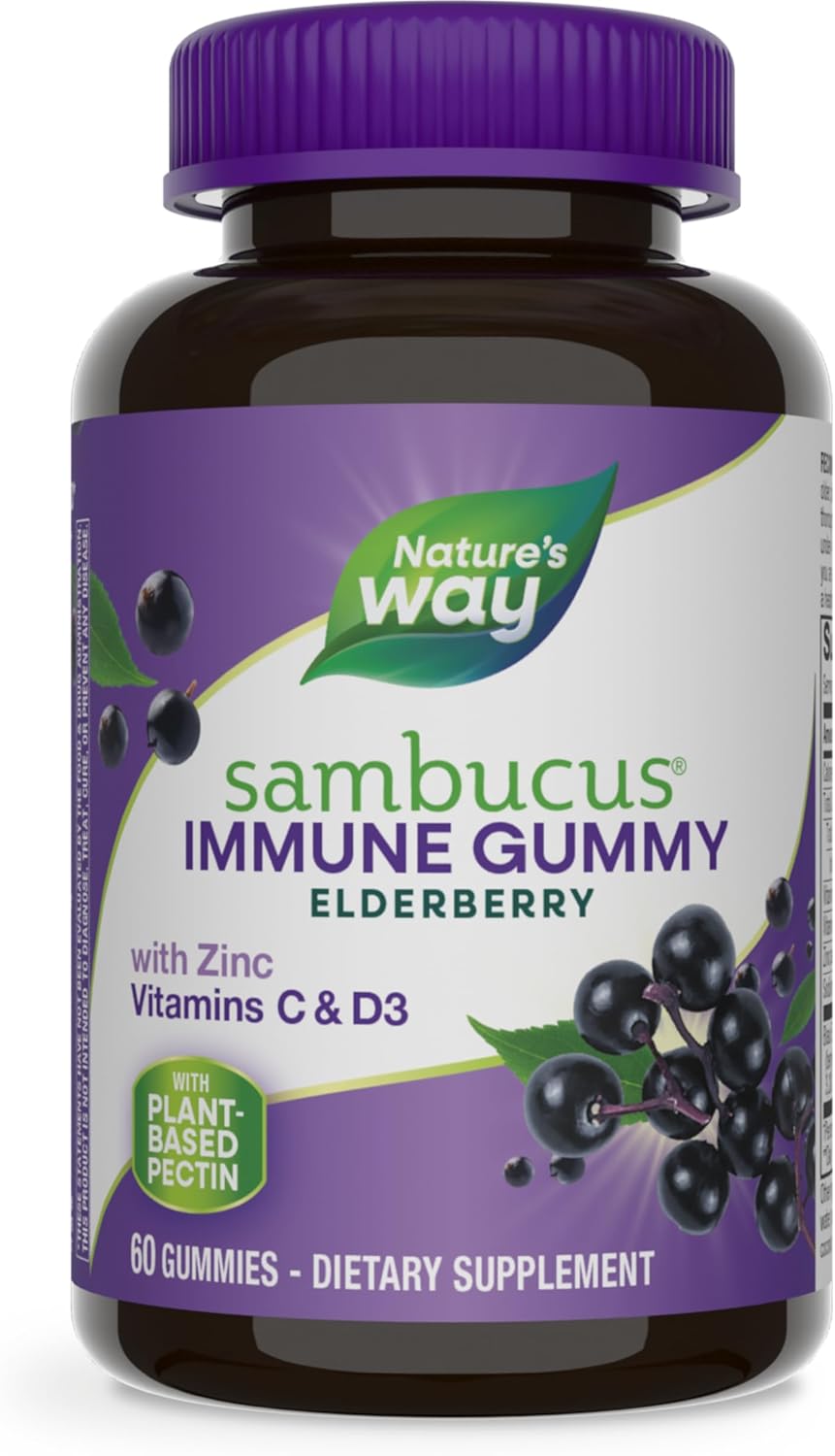 Nature’s Way Sambucus Elderberry Immune Gummies, Daily Immune Support for Kids and Adults*, with Vitamin C, Vitamin D3, Zinc, Gluten Free, Vegetarian, 60 Gummies