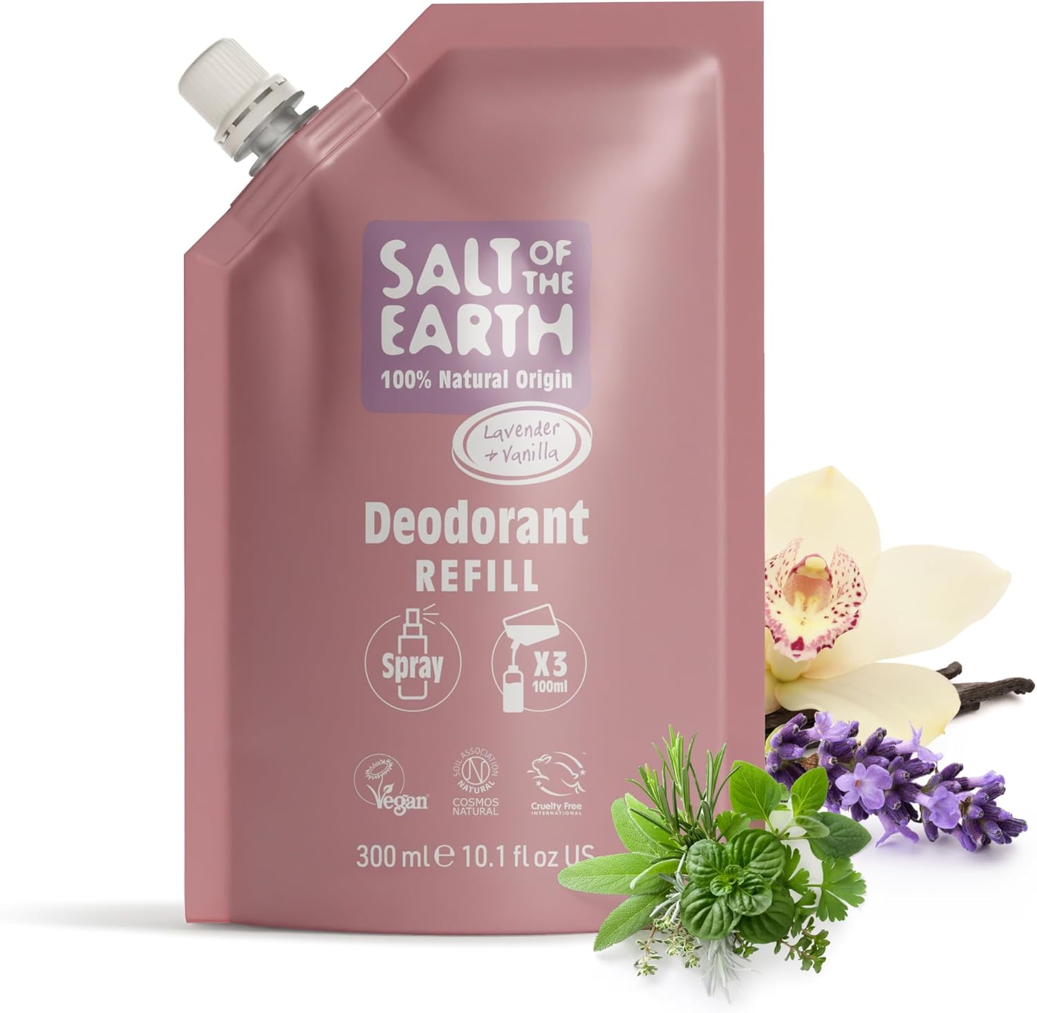 Salt of the Earth - Natural Deodorant Spray Refill Pouch, x3 Uses - Lavender & Vanilla - Vegan, Long Lasting Protection, Leaping Bunny Approved, Made in the UK - 300ml