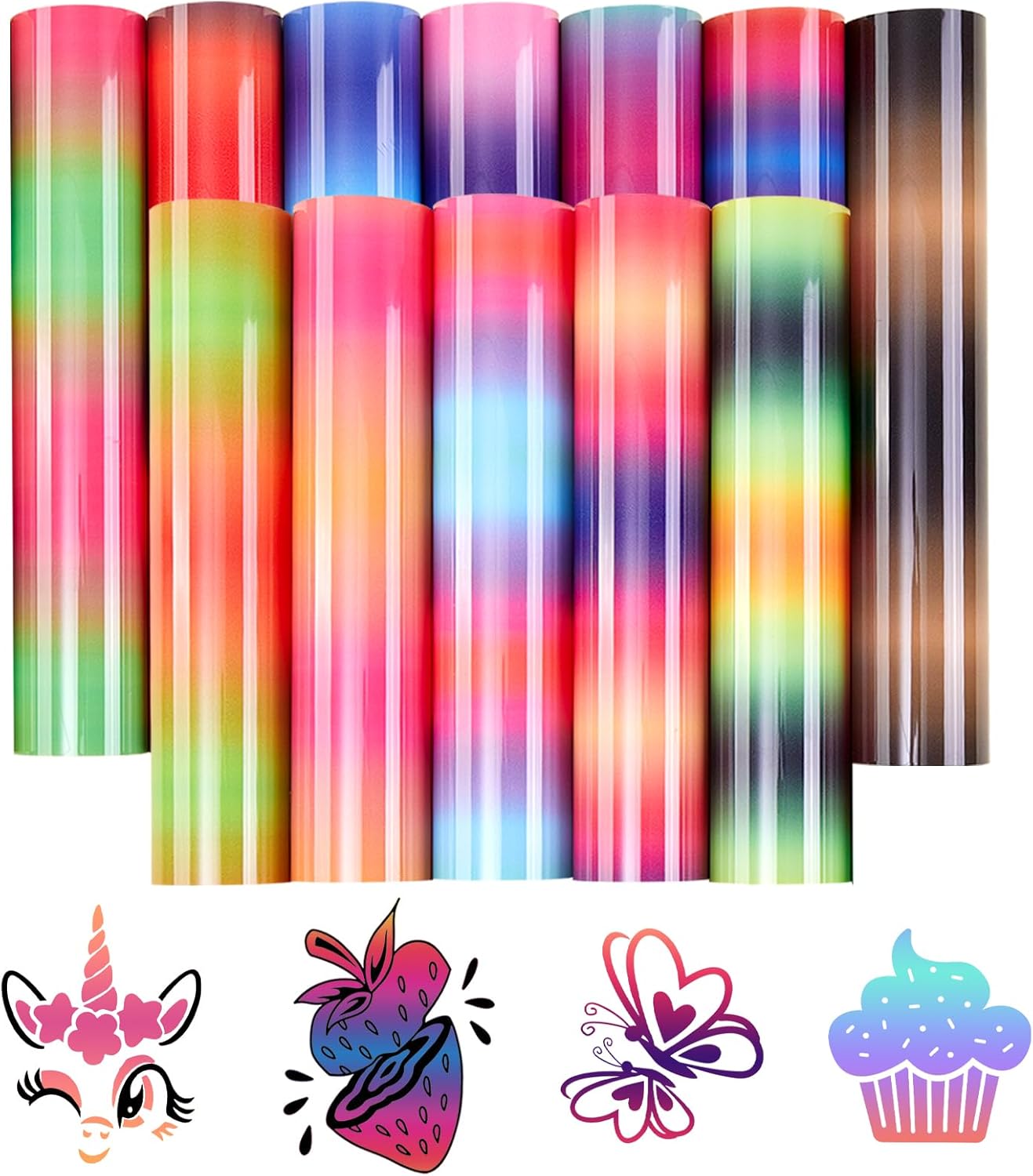 Tintnut Gradient Heat Transfer Vinyl - 12 Sheets 12 x 10 Inches Bright Ombre Heat Transfer Vinyl Rainbow HTV for T-Shirts DIY Patterned HTV Vinyl Compatible with Sillhoutte Cameo and Cricut