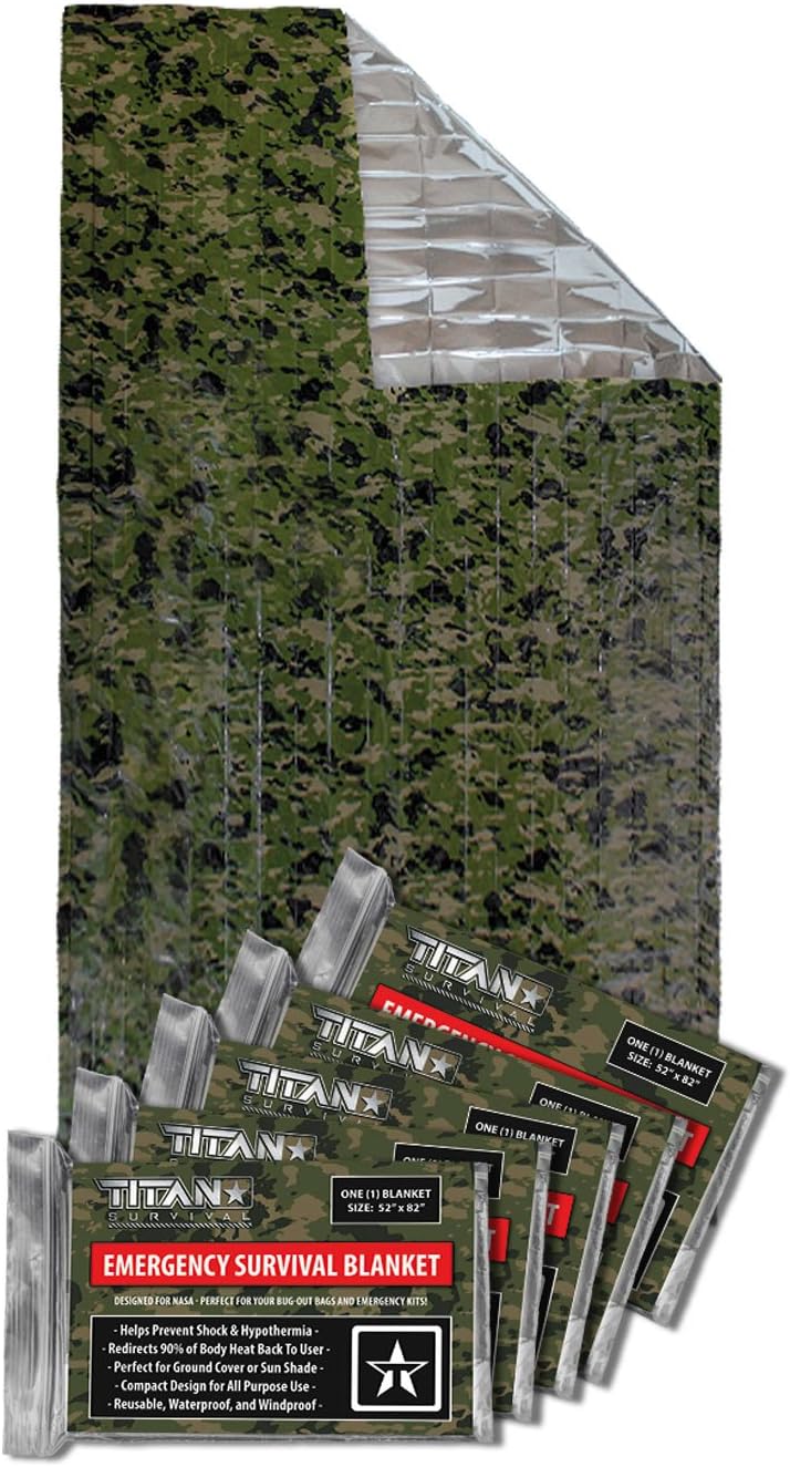 TITAN Survival - 52” x 82” Mylar Survival Blankets 5 Pack - 90% Heat Retention & Waterproof Design - Emergency Blanket Cold Weather Protection & Survival Kits - Durable Space Blanket for Outdoor Use