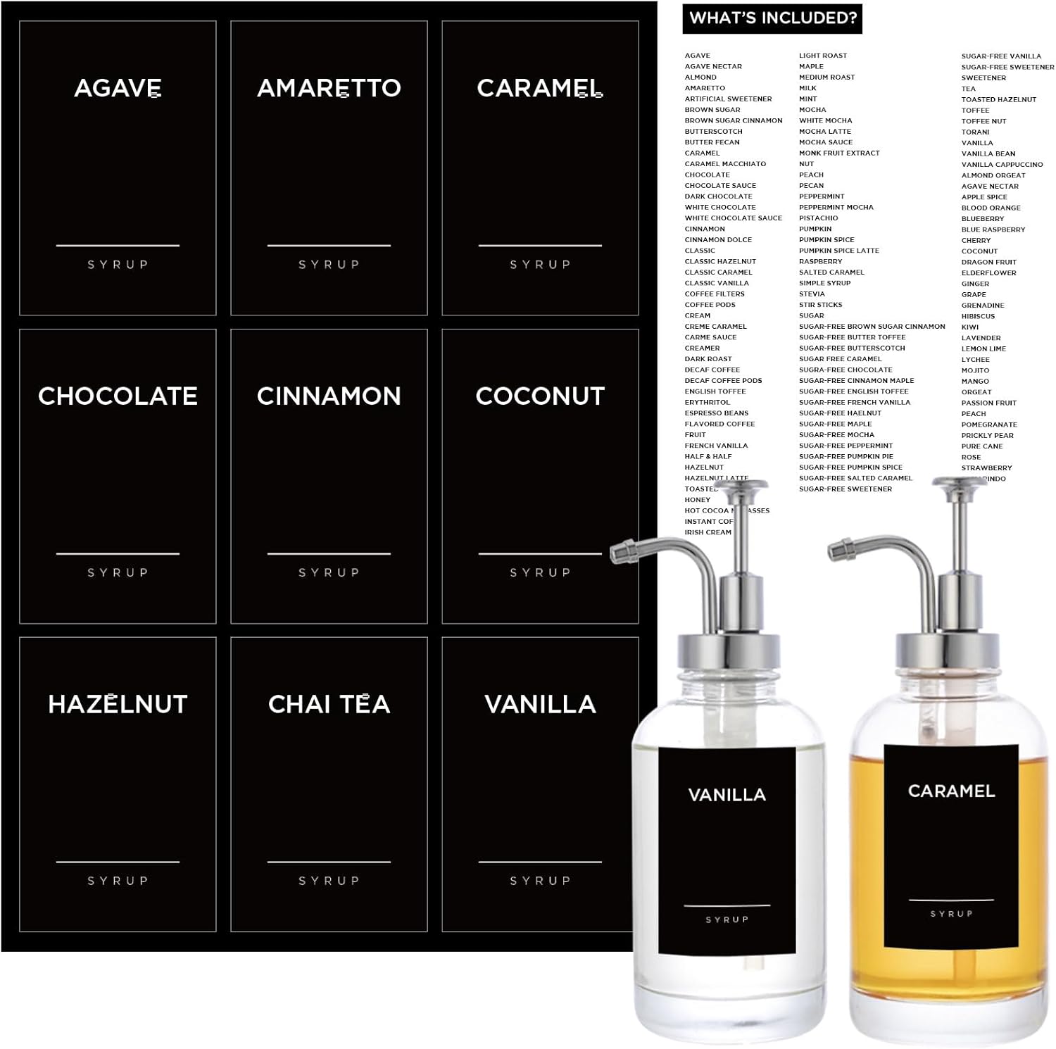 120PCS Coffee Syrup Labels for Coffee Bar, Joyfulmap Minimalist Preprinted Waterproof Vinyl Stickers for Syrup Dispenser Bottles,Containers, Jars, Fullest Labels Set for Kitchen Organization(Black)