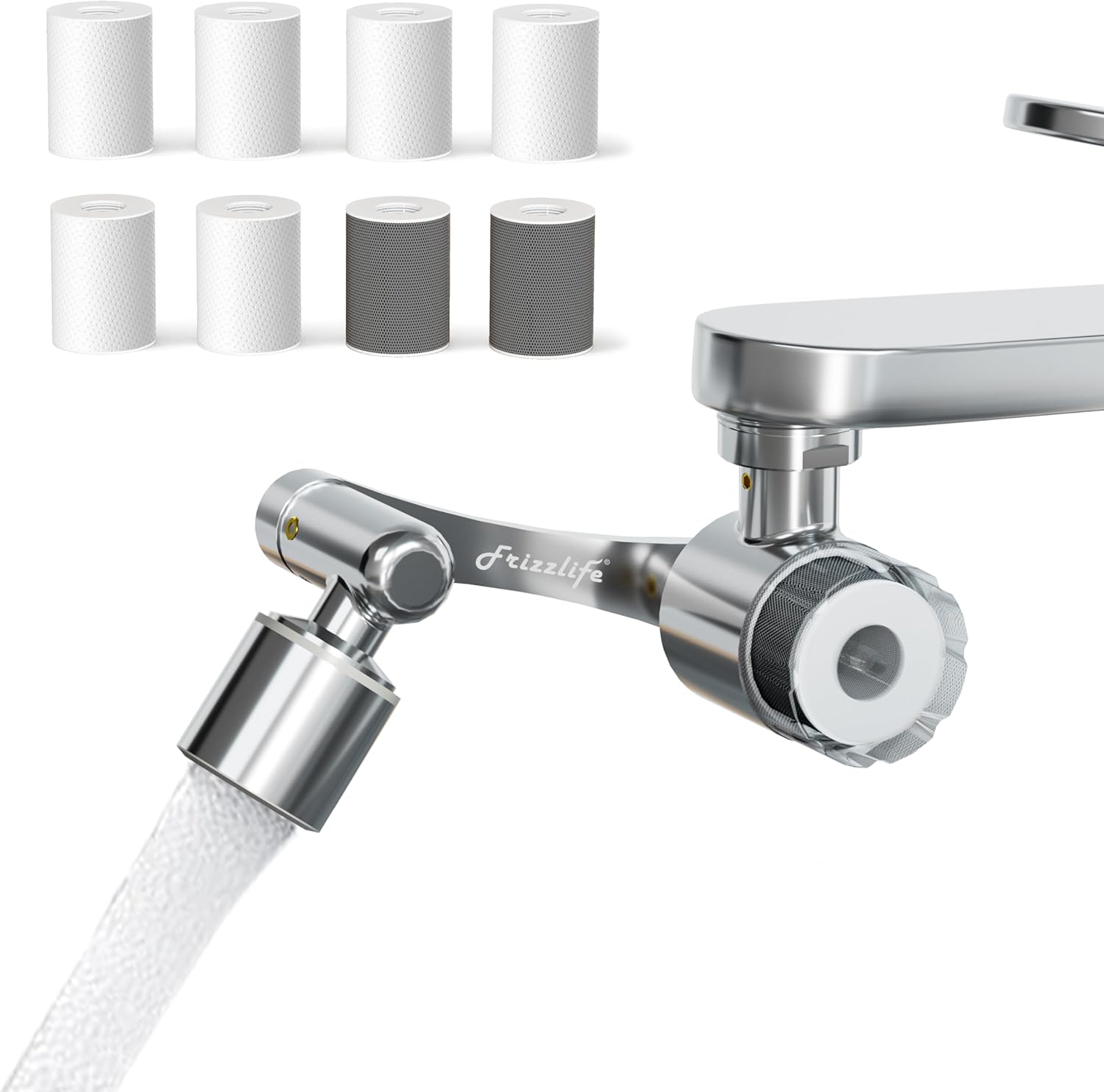 Frizzlife Splash-proof Water Filter for Sink Faucet, Certified Reduce 99% Lead, Chlorine, 1080° Rotating Tap Aerator, 2 Modes Spray Attachment for Kitchen/Toddlers/Bathroom Sink Filter, 9pcs Filter