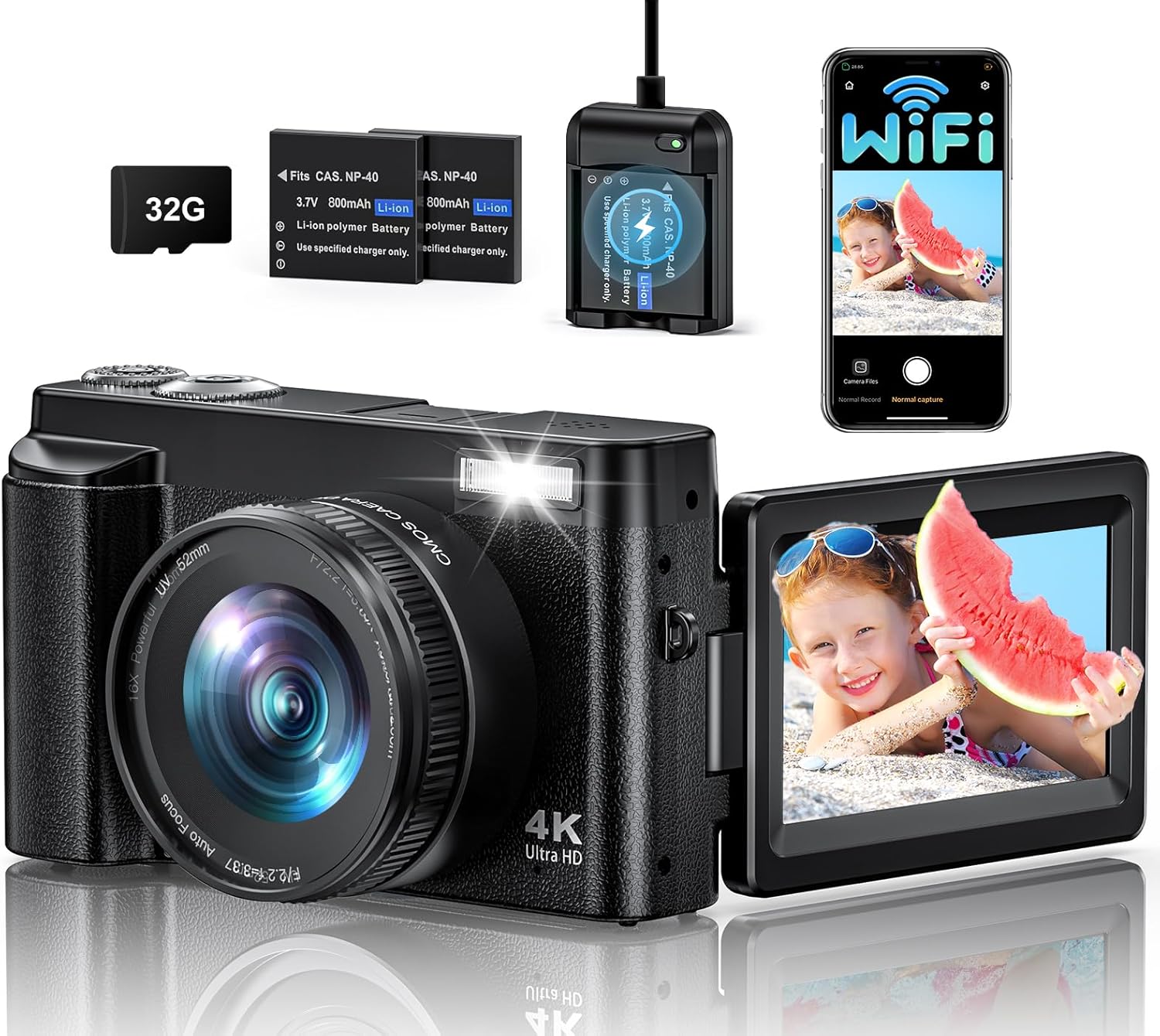 CAMKORY Digital Camera 4K 64MP Newly Upgraded Vlogging Camera with WiFi Function for Youtube with 180° Flip Screen, 16X Digital Zoom Compact Digital Camera with 32GB Card, 2 Batteries for Beginners