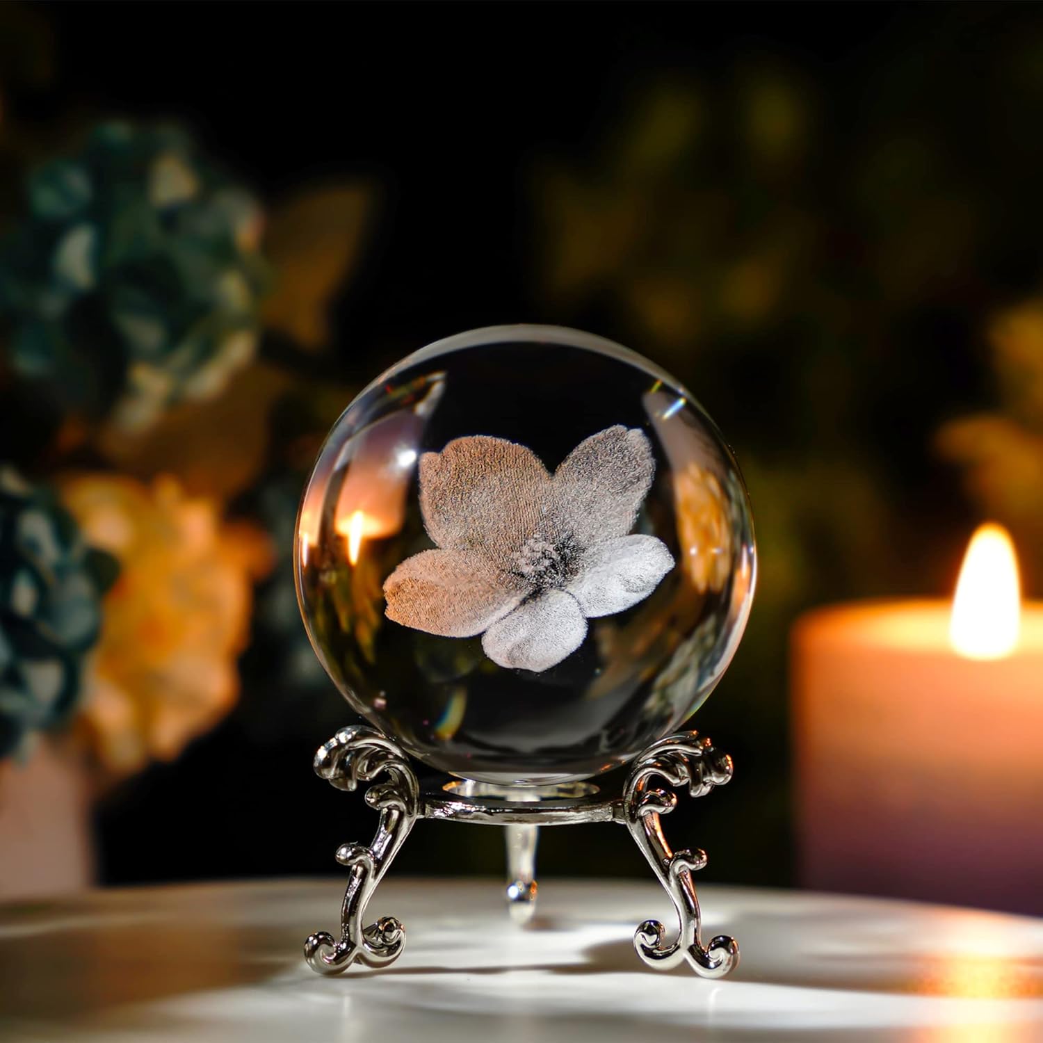 HDCRYSTALGIFTS 3D Engraving Flower Crystal Ball Paperweight with Silver-Plated Stand 60mm Glass Decorative Ball Sphere for Home Decor (Cherry Blossoms)