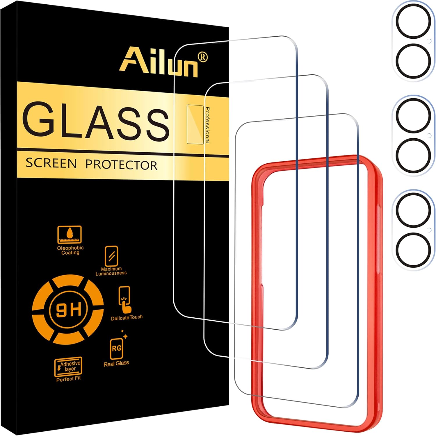 Ailun 3 Pack Screen Protector for iPhone 16 [6.1 inch] + 3 Pack Camera Lens Protector with Installation Frame,Case Friendly Tempered Glass Film,[9H Hardness] - HD