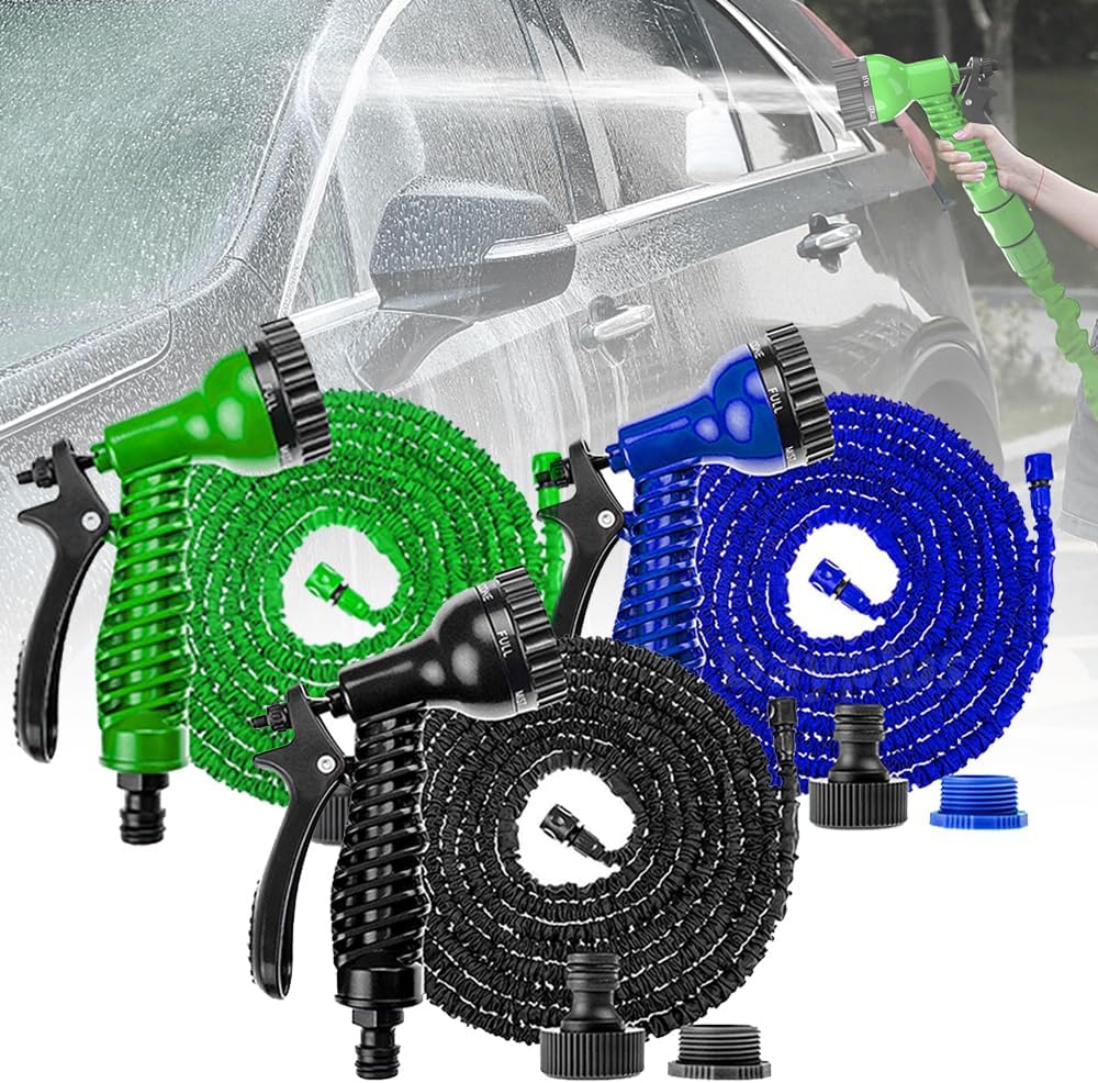150FT Garden Hose Expandable Water Hose Pipe 3 Times Expanding Flexible Magic Hosepipe 7 Spayer Mode Spray Gun 3/4" 1/2" Connectors for Watering, Washing and Cleaning - Blue