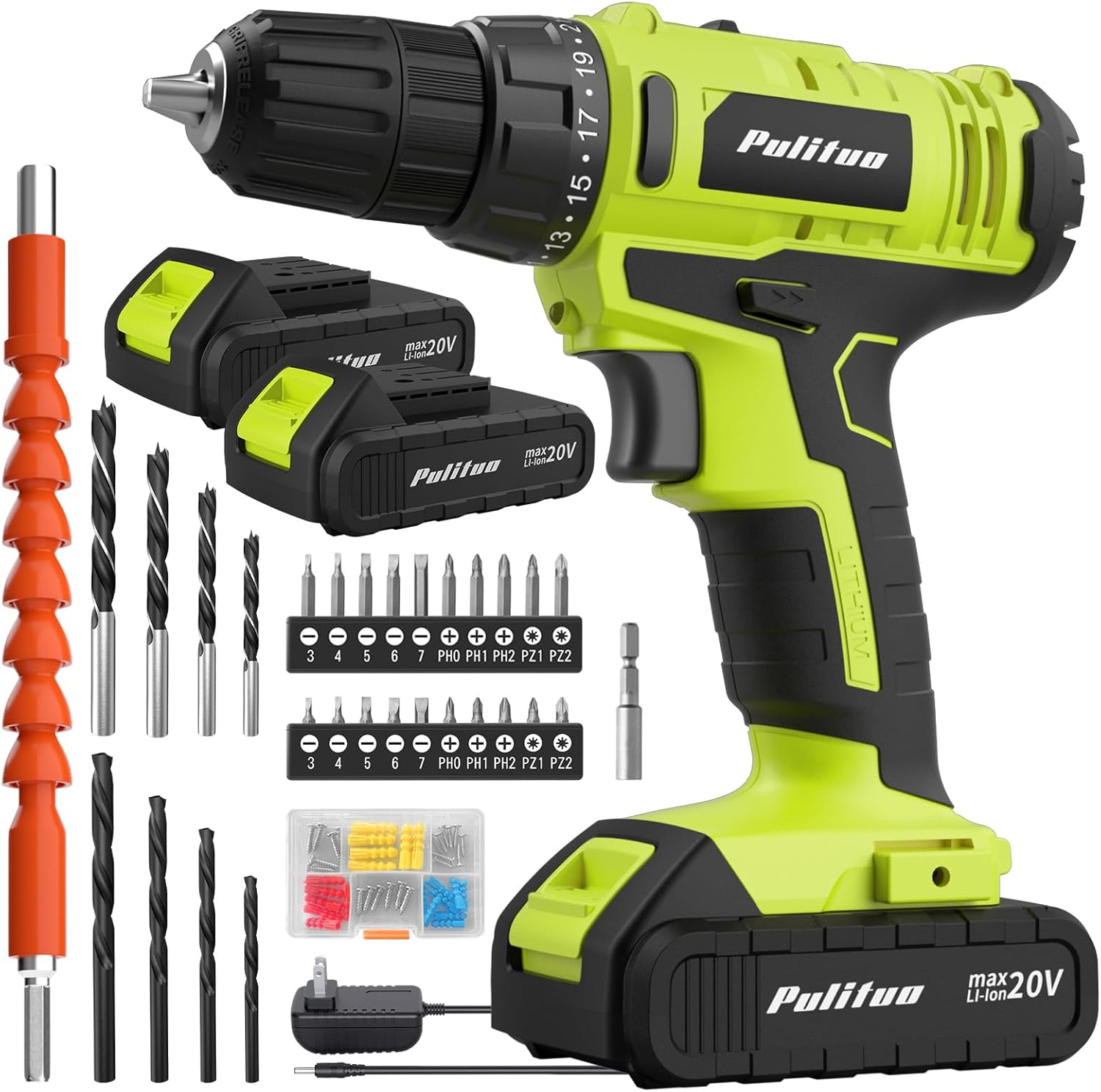 PULITUO'S 20V Cordless Drill/Driver, Electric Screwdriver - 2 Batteries, 30Nm, 21+1 Torque, 2 Speed, Keyless 3/8" Chase Drill with LED Light, Kit for Home (Green)
