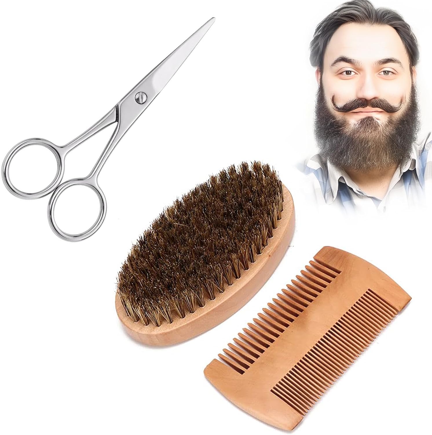 FreeSkill Boar Bristle Beard Brush & Comb Set - 3 Pcs Men's Grooming Kit with 100% Pure Boar Bristle Brush, Wooden Beard Comb & Mustache Scissors - Tame & Soften Facial Hair