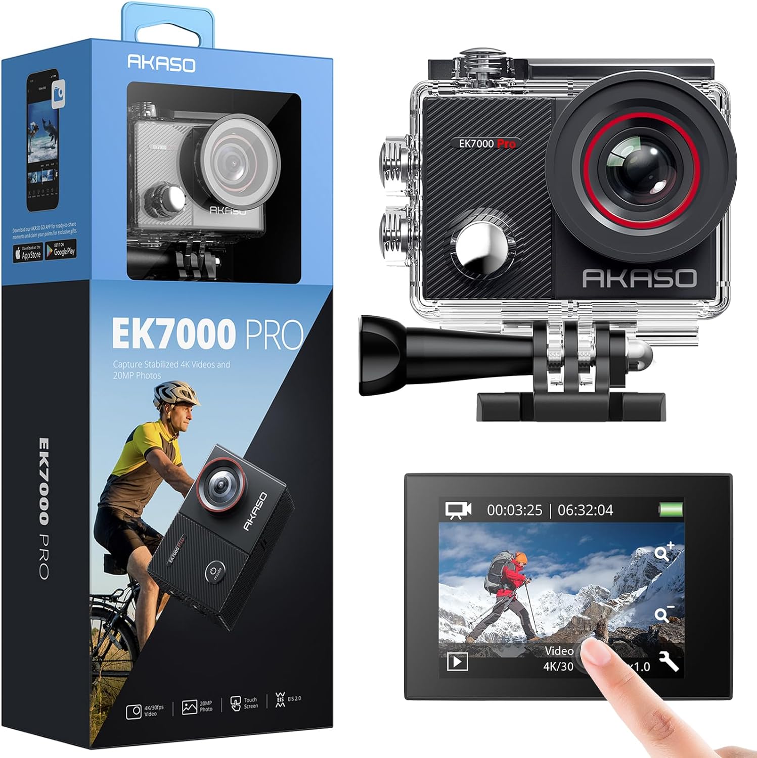 AKASO EK7000 Pro 4K Action Camera - Touch Screen EIS Adjustable View Angle 40m Waterproof Underwater Camera Remote Control Helmet Camera with Accessories Kit