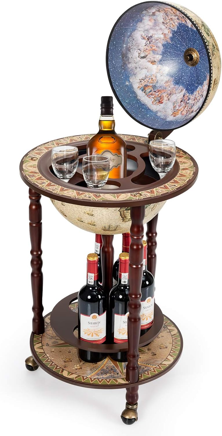 COSTWAY Wooden Globe Bar on Wheels, Bar Trolley, Home Bar, Wine Rack 45 x 45 x 88 cm, Beige
