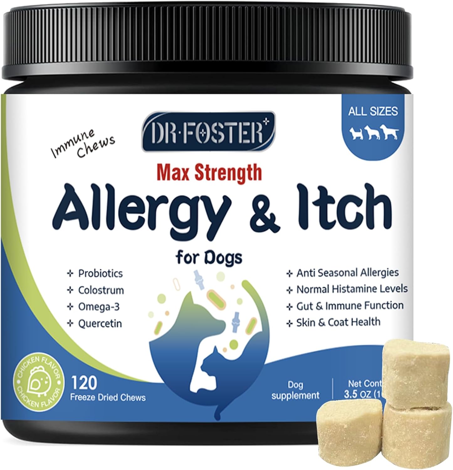 Dog Allergy Relief Chews, with Colostrum, Omega 3,6, Probiotics for Dogs, Support Immune, Dog Itching Skin Relief, Natural Dry Skin & Itch Relief for Dogs, Hot Spot Treatment, Seasonal Allergy Relief