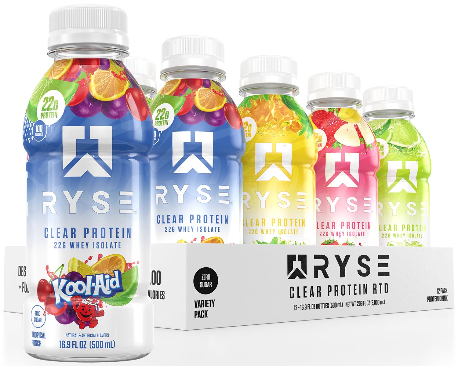 RYSE Clear Protein Shake - Variety Pack - 100 Calories, 22g Whey Isolate Protein, Sugar-Free, 0g Fat & Lactose-Free - Refreshing Ready-to-Drink Beverage - 16.9 fl oz Bottles (12-Pack)
