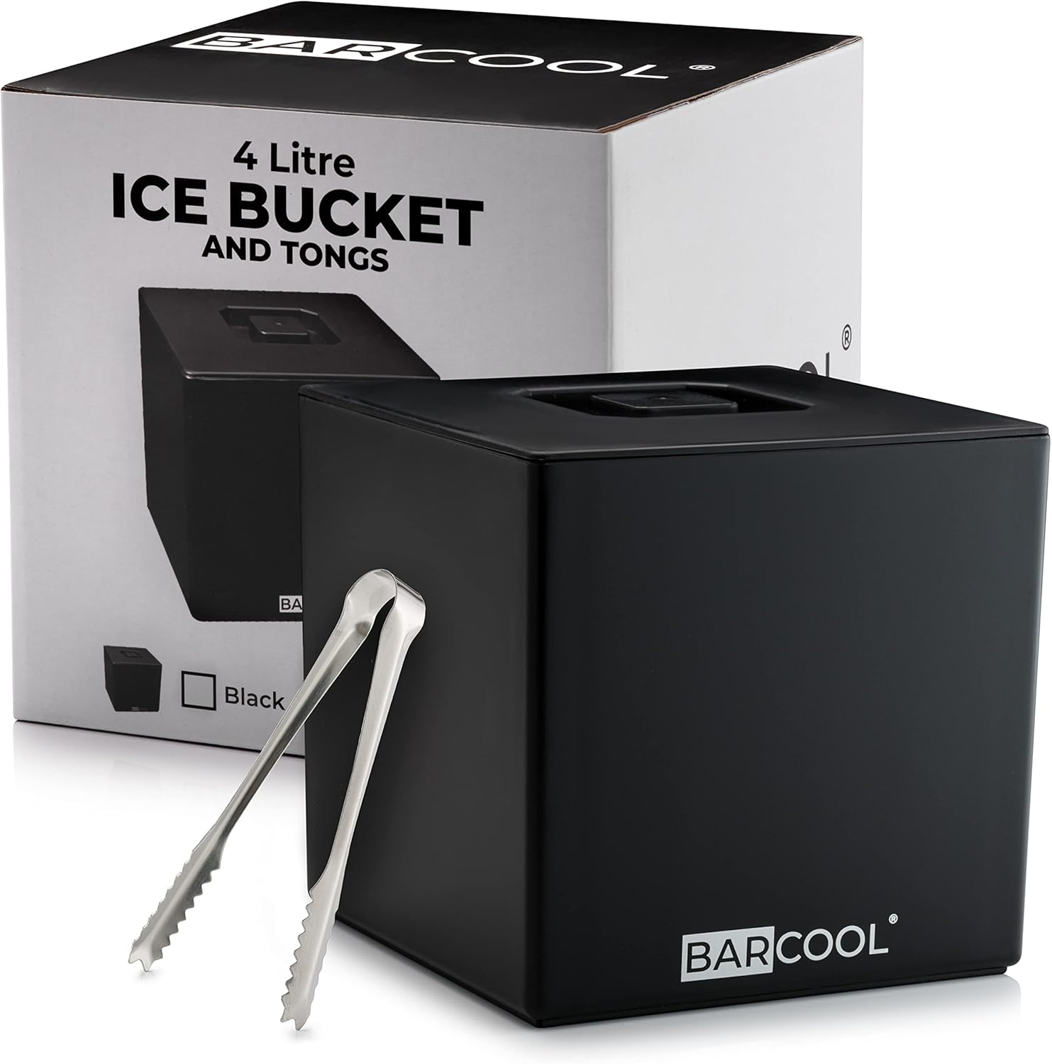 Barcool Ice Bucket with Lid and Ice Tongs | 4 Litre | Square & Double Walled Insulation | Perfect for Home Bars, Pubs, Restaurants, BBQs and Picnics (Black)