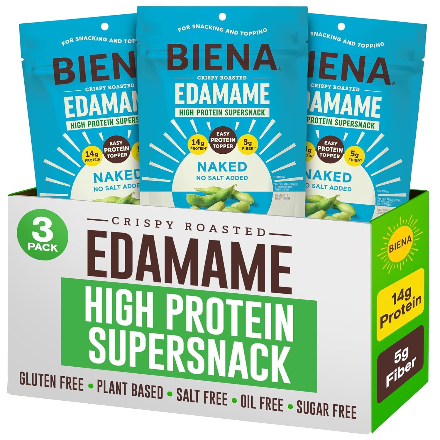 Biena Edamame Beans Snack High Protein Snacks – Healthy Sugar Free Snacks For Adults and Kids, Salt & Oil Free, 13g of Protein, 130 Low Calorie, Crunchy Edamame, Vegan, Low Carb, Gluten-Free, Naked - No Salt, 3 pk, 4.75oz Bag