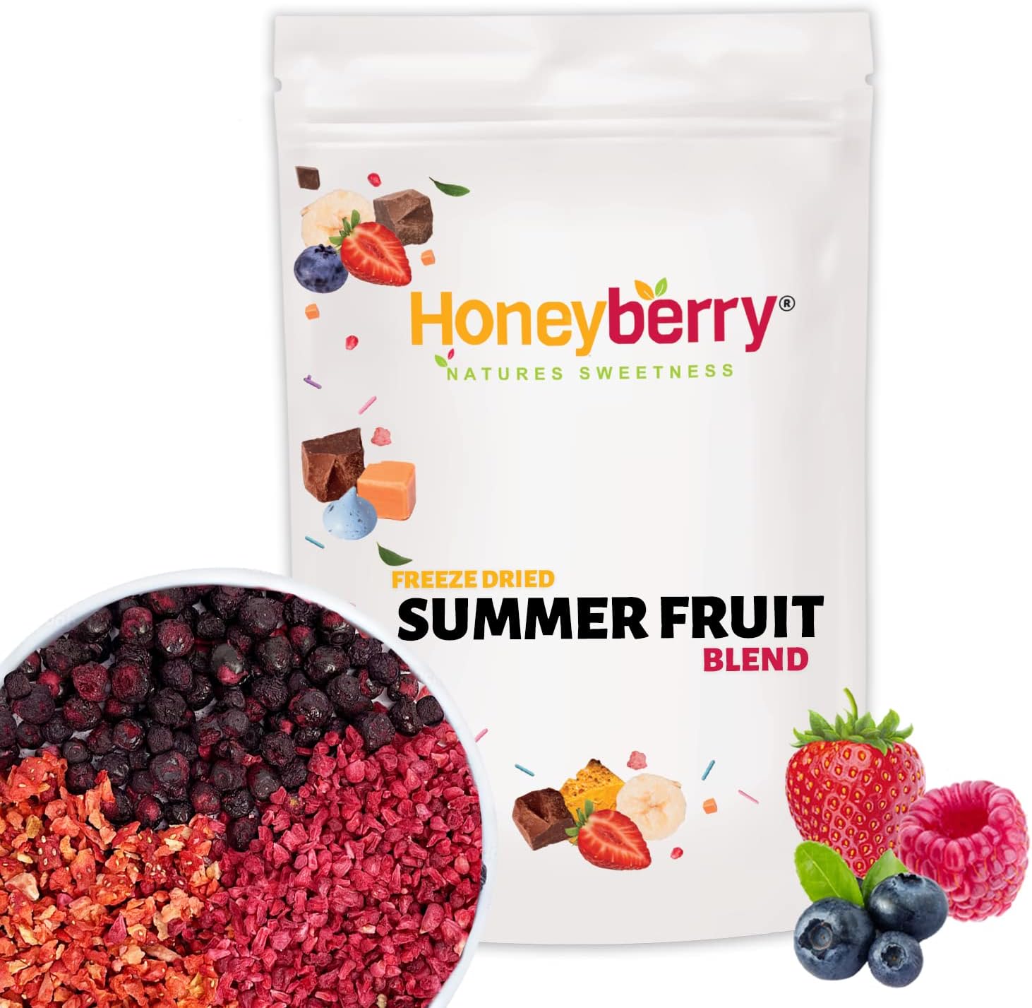Freeze Dried Fruit Blend - Summer Fruit Mix 100g - Raspberry Pieces, Strawberry Pieces and Whole Blueberries