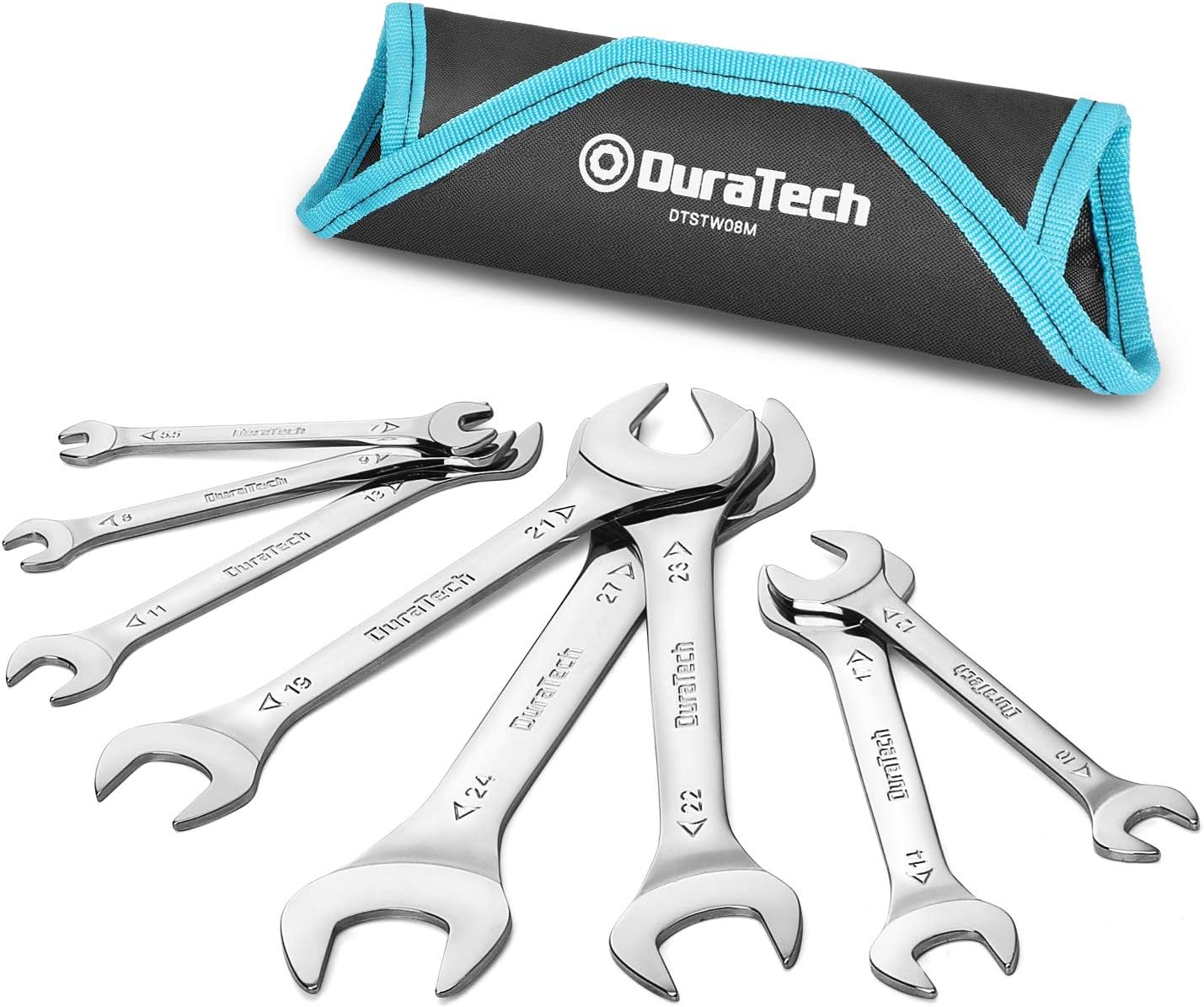 DURATECH Super-Thin Open End Wrench Set, Metric, 8-Piece, Including 5.5, 7, 8, 9, 10, 11, 12, 13, 14, 17, 19, 21, 22, 23, 24, 27 mm, Slim Spanner Set with Rolling Pouch