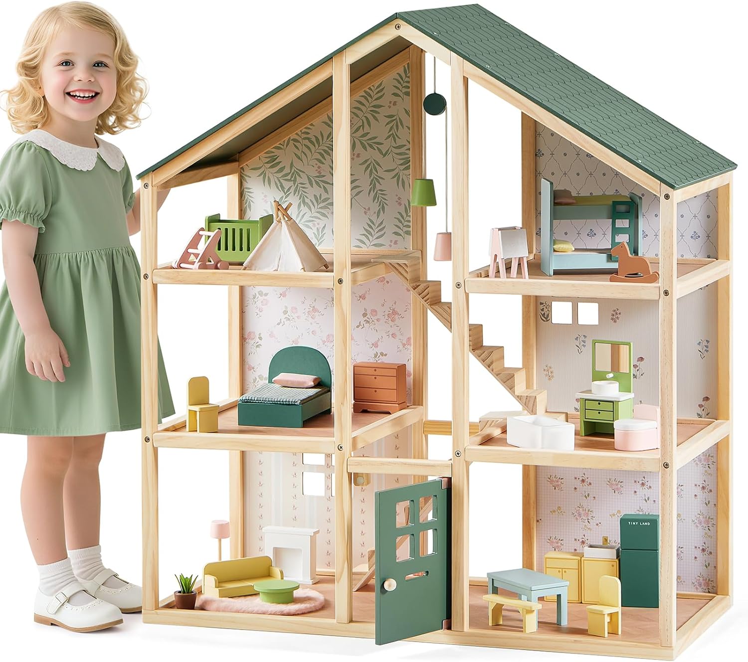 Tiny Land Wooden Dollhouse for Girls - 6 Rooms Wooden Doll House, DIY Pretend Doll House with 31Pcs Furniture Accessories, Creative Gift for Girl Ages 3+, Green