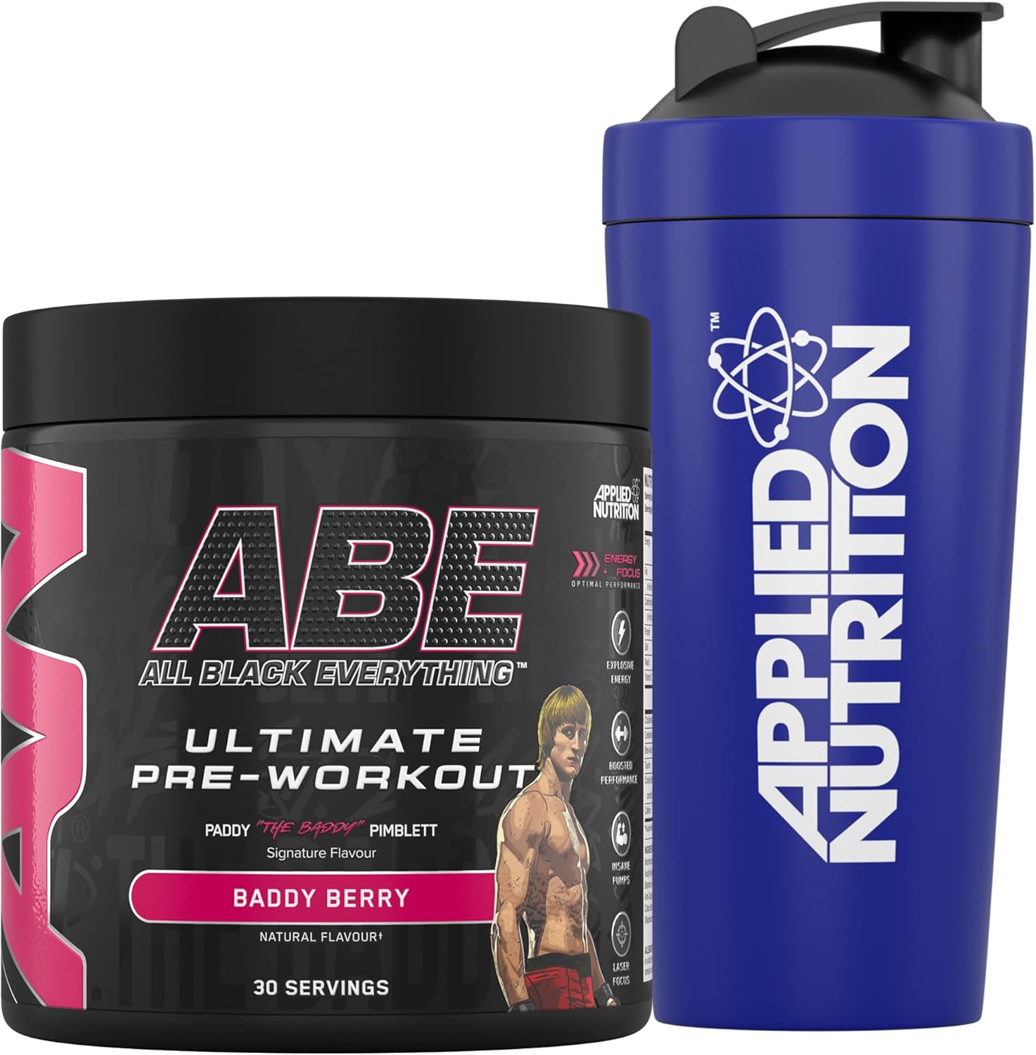 Applied Nutrition Bundle ABE Pre Workout 375g + 750ml Steel Protein Shaker | All Black Everything Pre Workout Powder, Energy & Physical Performance with Creatine, Beta Alanine (Baddy Berry)