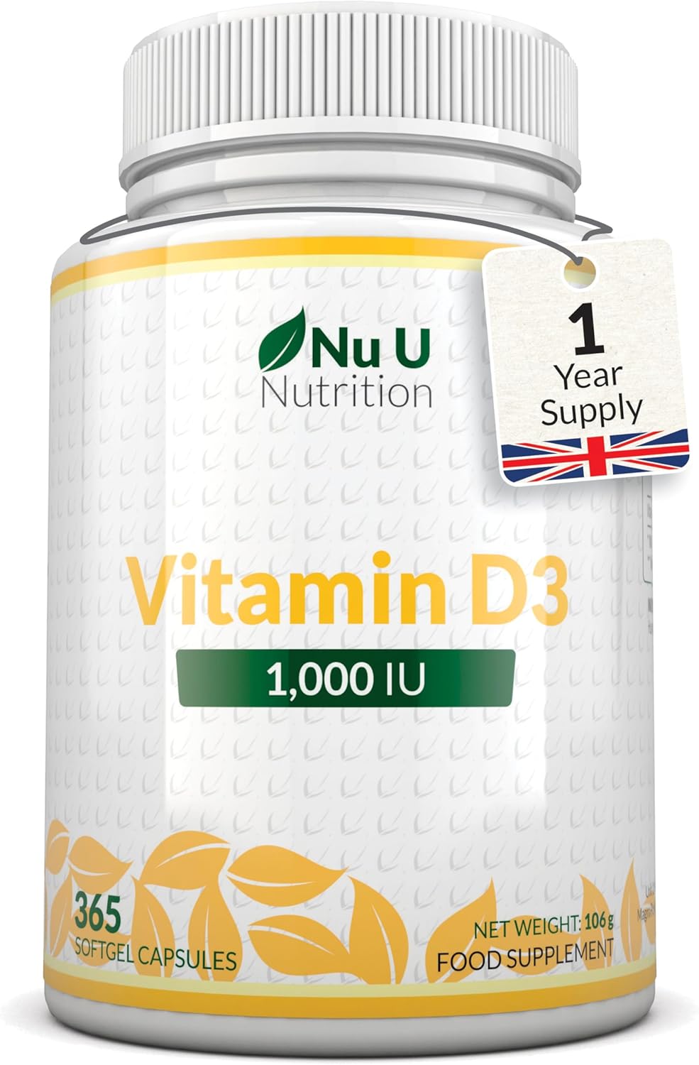 Vitamin D 1000iu - 365 Softgels Capsules - 1 a Day - 1 Year Supply - High Strength Vitamin D Supplement - Cholecalciferol VIT D3 - Made in The UK - Nu U Nutrition