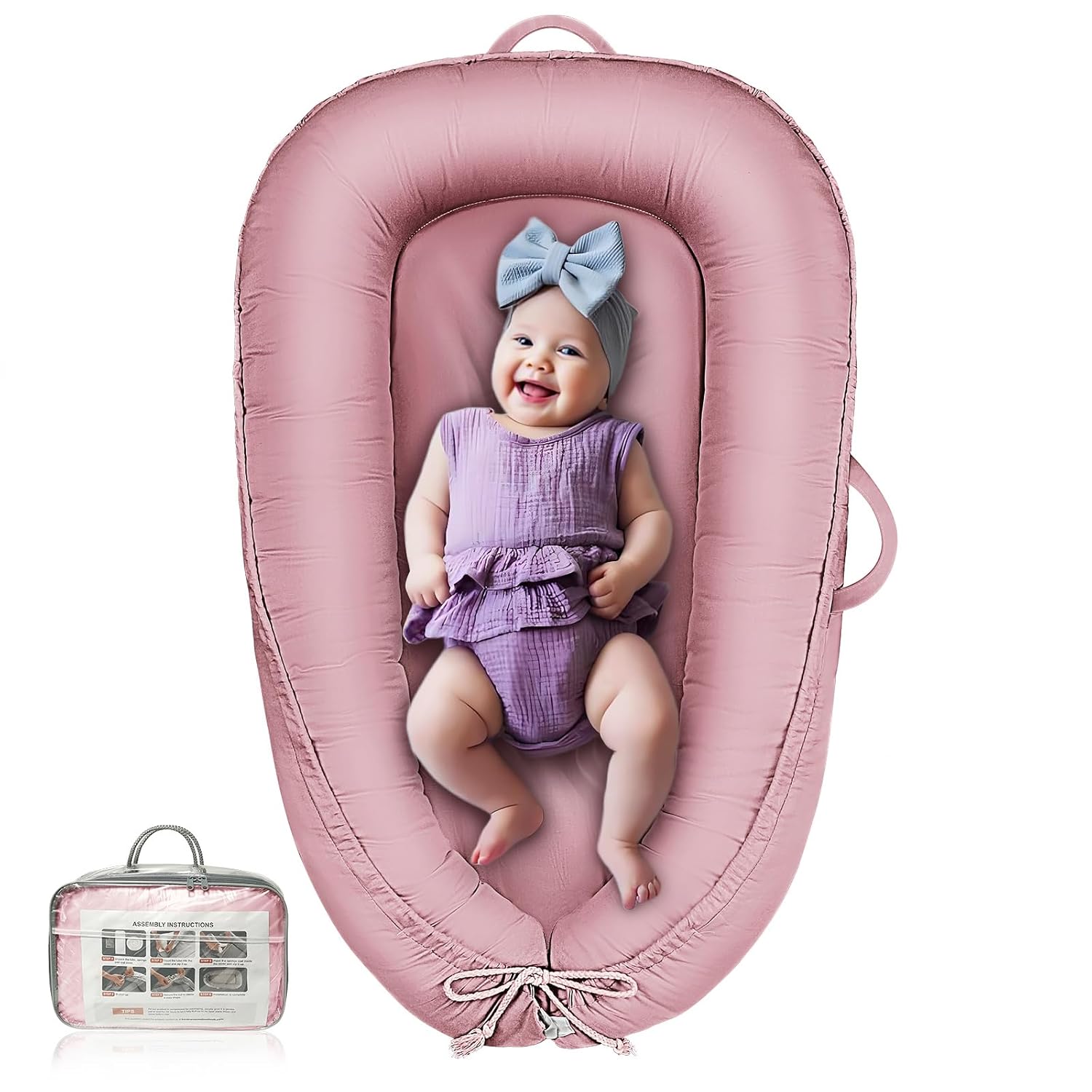 Baby Lounger - Infant Lounger for Newborn 0-24 Months, Pure Cotton Breathable Baby Nest Lounger Cover, Newborn Essentials for Baby Boys & Girls, Co Sleeper Portable Baby Bed for Home and Travel