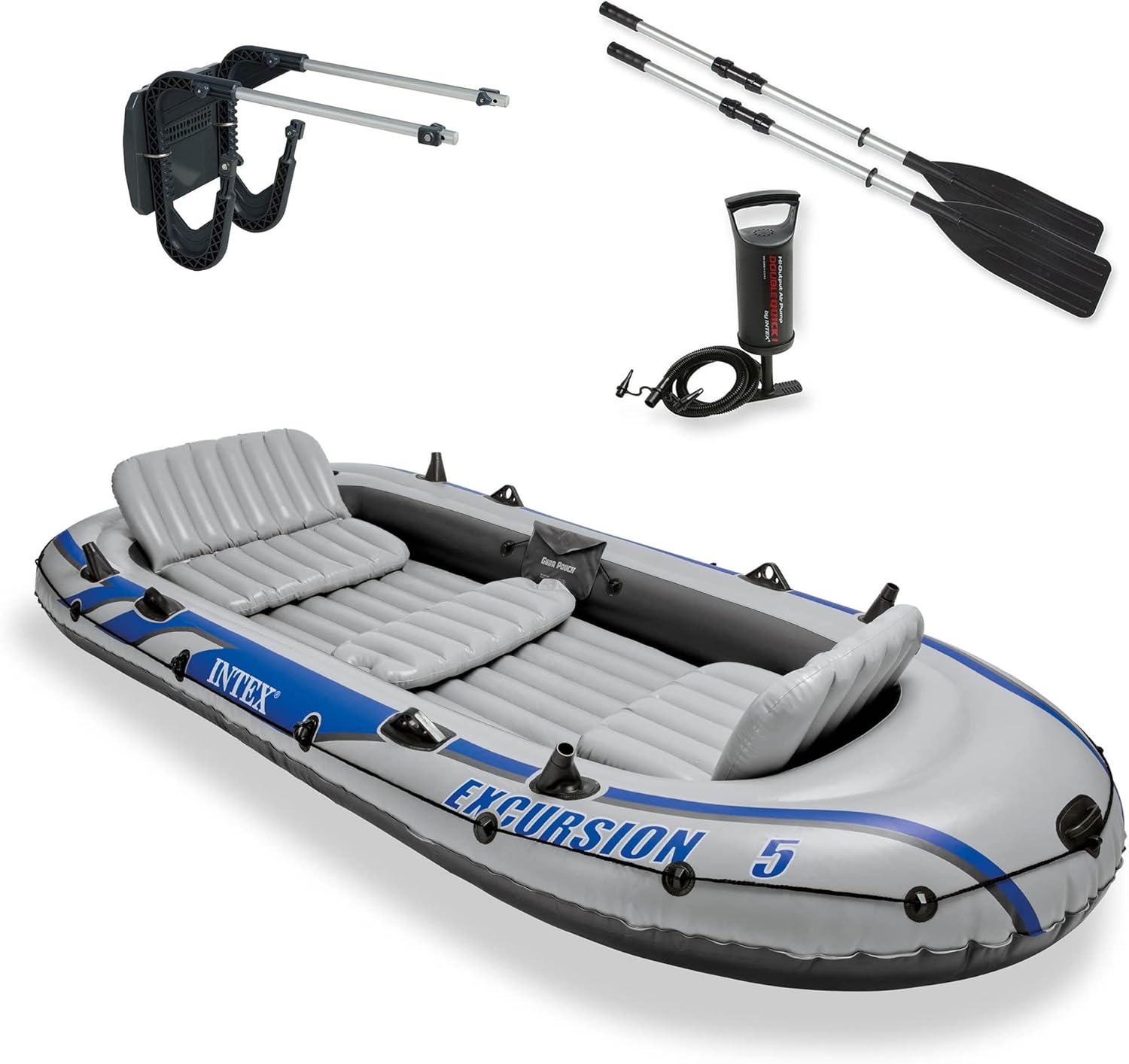 Intex Excursion 5 Person Inflatable Outdoor Fishing Raft Boat Set with 2 Aluminum Oars and Air Pump with a Composite Motor Mount Kit