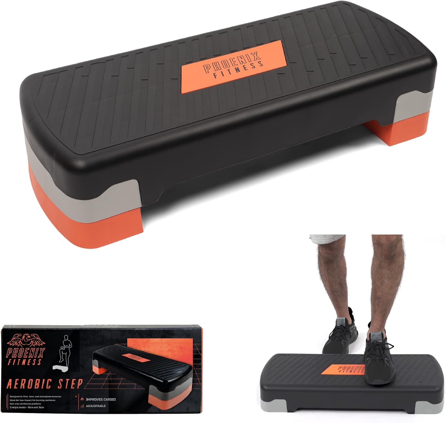Phoenix Fitness Aerobic Stepper - Adjustable Step Platform for Exercise, Fitness, HIIT & Cardio Workout - Non-Slip Step Up Board with Risers for Home & Gym - Height: 10cm & 15cm