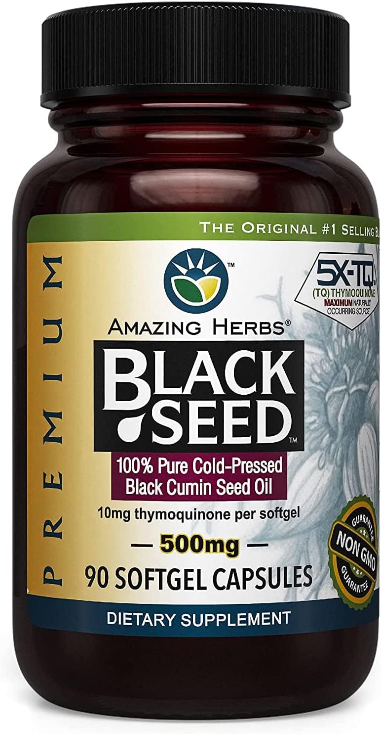 Amazing Herbs Premium Black Seed Oil Capsules - Cold Pressed Nigella Sativa Aids in Digestive Health, Immune Support, Brain Function, Gluten Free, Non GMO - 90 Count, 500mg