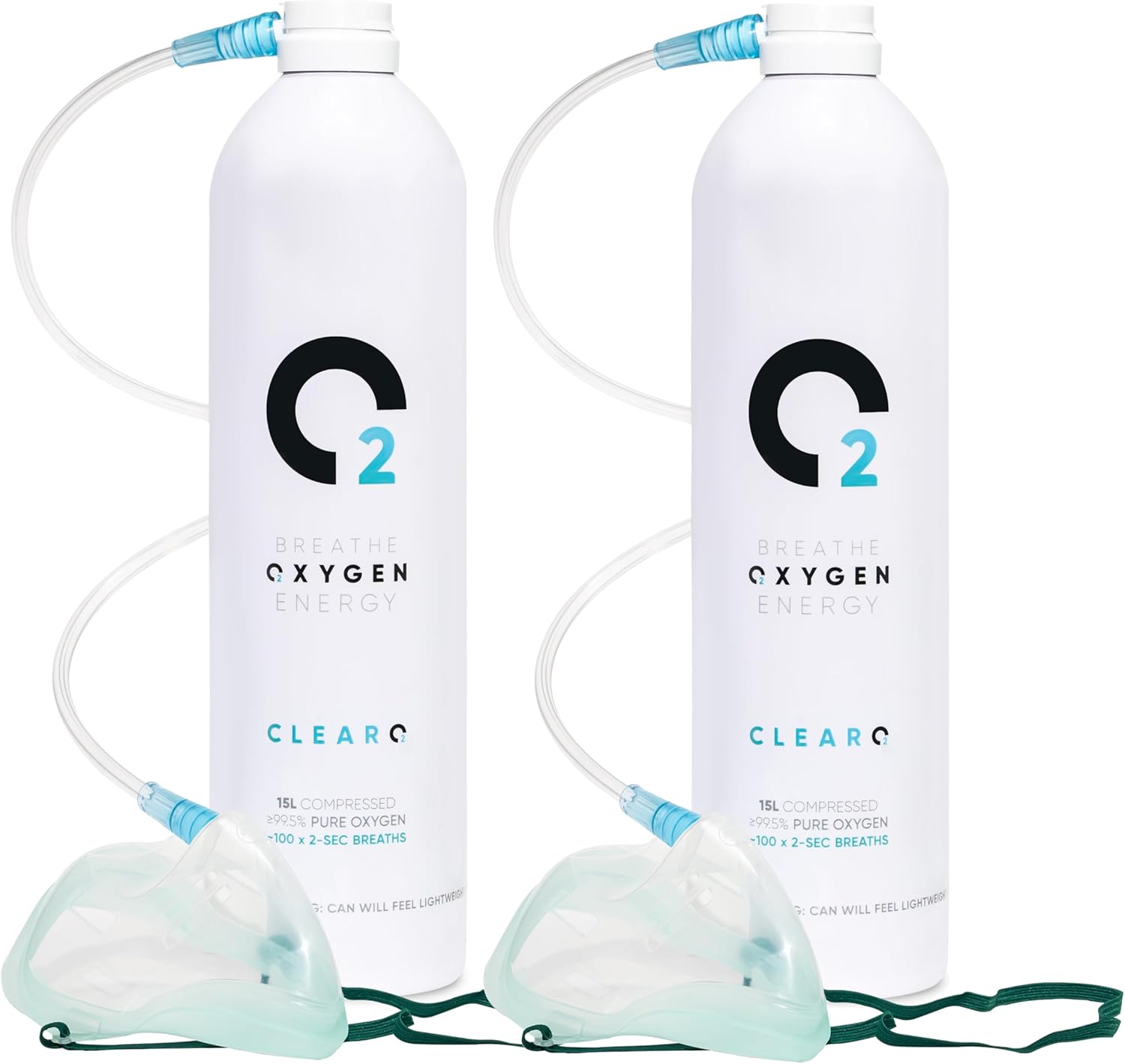 ClearO2 15L Oxygen Can with Mask and Tube | Pure Breathing Oxygen in a Lightweight Aluminium Canister | Made in Britain (Full Kit, 15 l (Pack of 2))