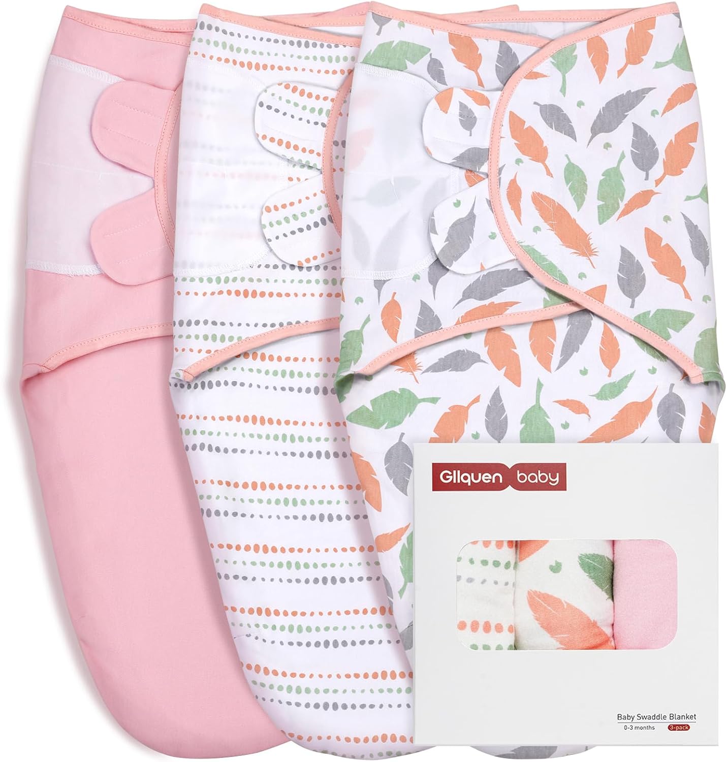 GLLQUEN BABY Baby Swaddle Wraps for 0-3 Months Newborn,Oeko-tex100,100% Breathable Organic Cotton Fabric Swadding Blankets,3 Pack(Pink)