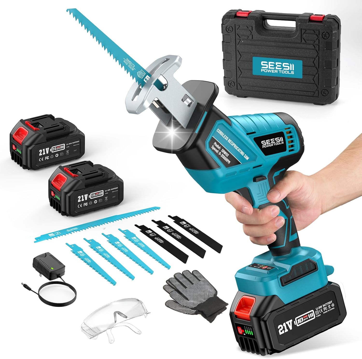 Seesii Reciprocating Saw Cordless, Variable Speed 3500 RPM Brushless Motor with 8 Saw Blades, 2 x 4.0Ah Batteries, LED Light, Tool‑Free Blade Change, Portable for Wood PVC Cutting