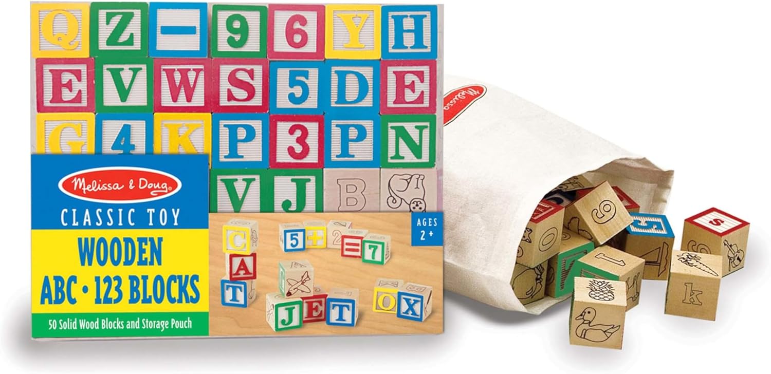 Melissa & Doug Deluxe Wooden ABC/123 1-Inch Blocks Set with Storage Pouch (50 pcs)
