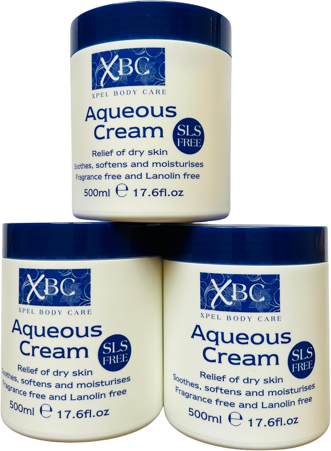 PACK OF 3 X 500ml SLS FREE AQUEOUS CREAM Emollient LARGE TUB [ Relief of Dry Skin ] Soothes Softens and Moisturises (FREE FROM FRAGRANCE, SLS, PAREBEN, COLOUR Dry Skin Moisturiser Cream)