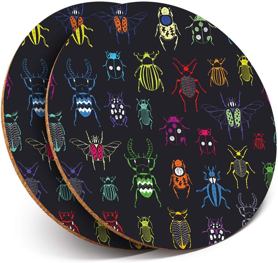 2 x Round Coasters - Colorful Beetles Bugs Insect - Cork Backed Home Kitchen Accessory Tea Coffee Mug Mat #15922