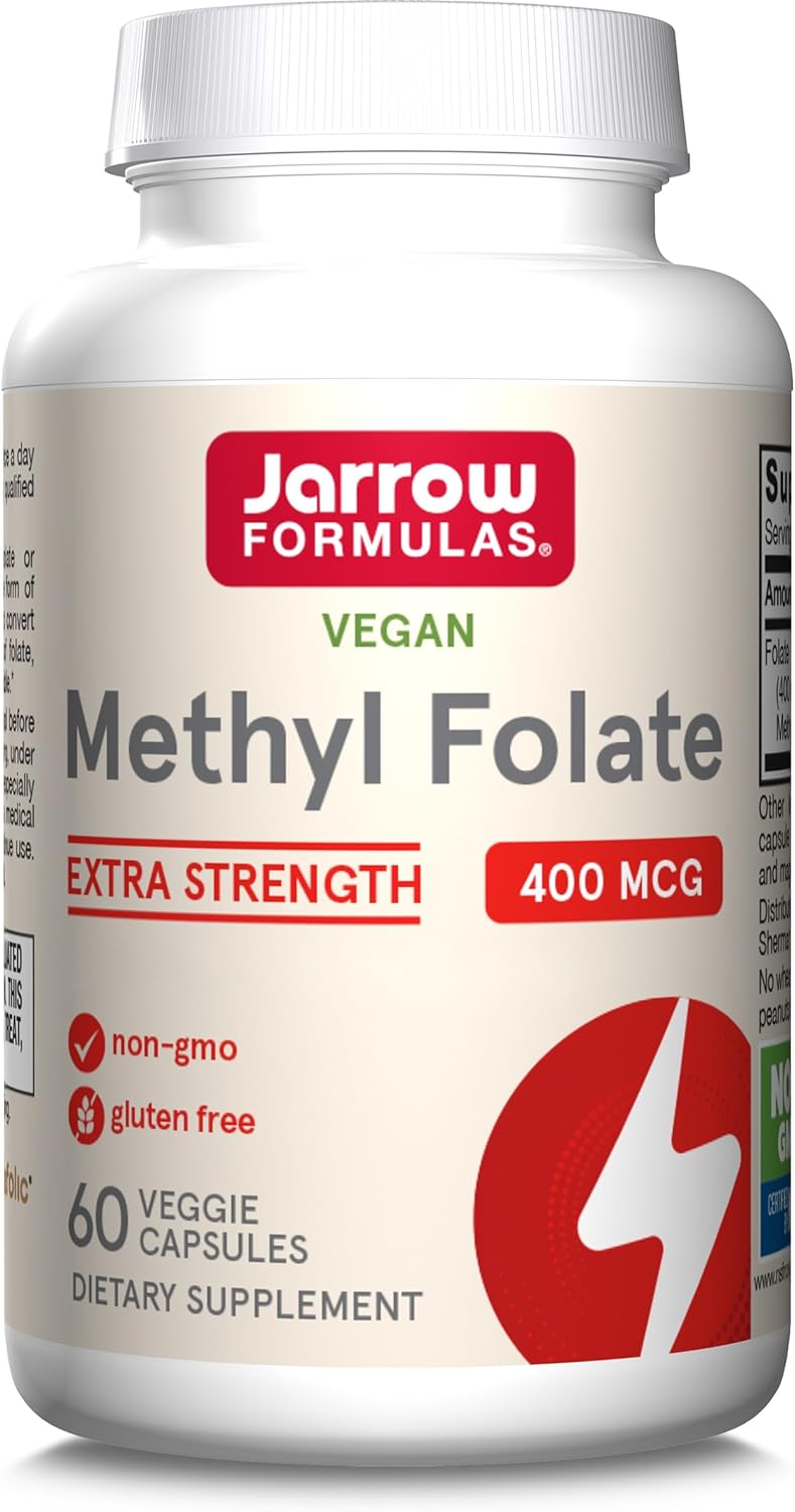 Jarrow Formulas Methyl Folate (5-MTHF), 400mcg, Minerals Supplement, 60 Vegan Capsules, Gluten Free, Vegetarian, Soy Free, Non-GMO, Vitamin B9, Folic Acid
