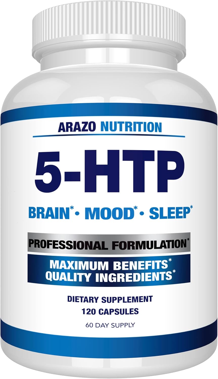5-HTP 200 MG Plus Calcium for Mood, Sleep – Supports Calm and Relaxed Mood – 99% High Purity – 120 Capsules – Arazo Nutrition