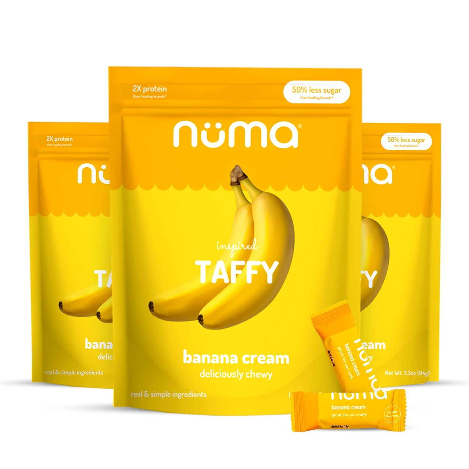 Numa Foods Banana Taffy Candy, Made with Real & Simple Ingredients Low Sugar, High Protein, Low Calorie, All Natural & Gluten Free Banana Cream Taffy - 3 Bags with 10 Individually Wrapped Chews Each