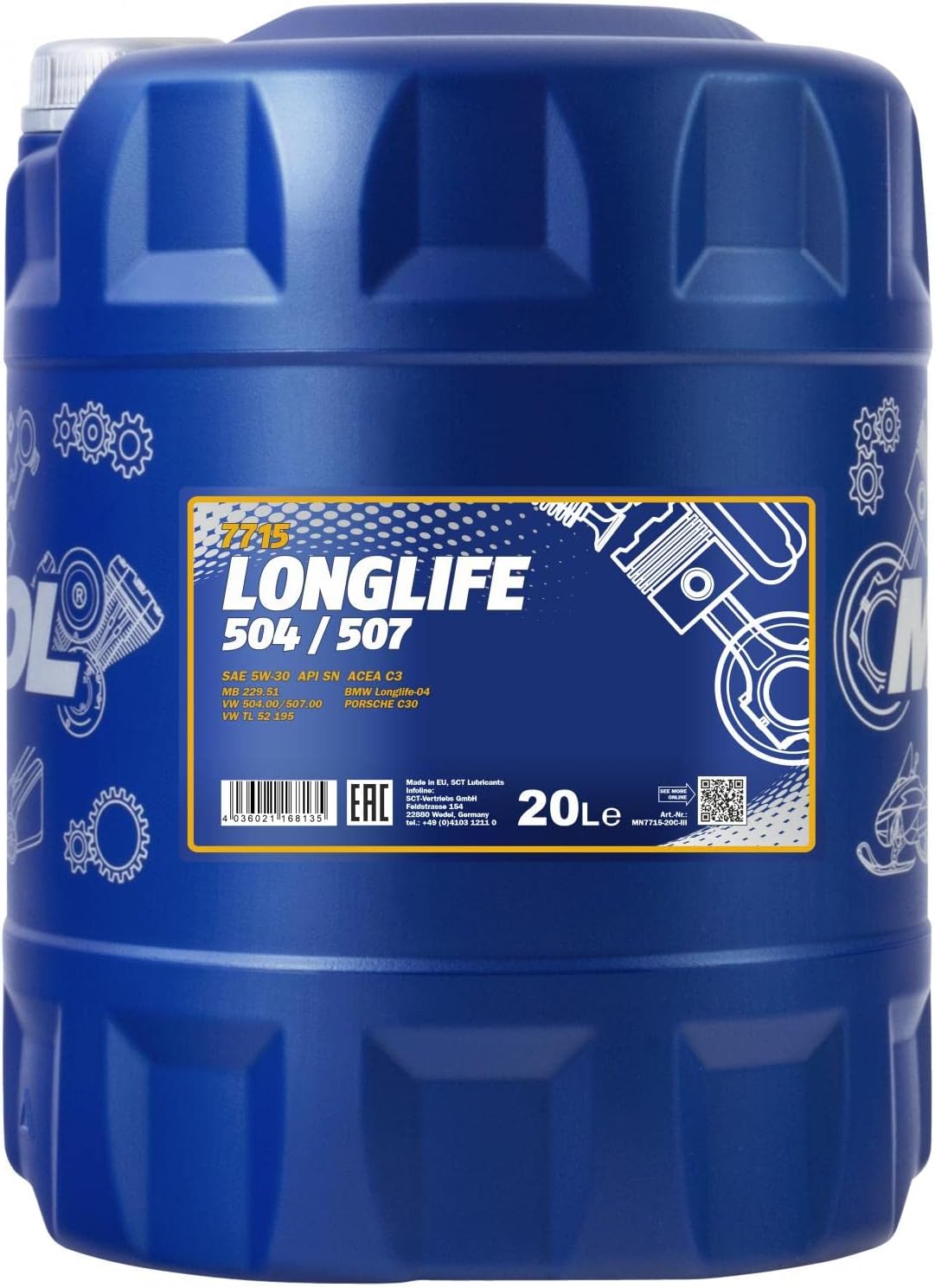 Mannol 20 Litres Longlife 504/507 5W-30 Engine Oil 7715 API SN Universal Fully Synthetic