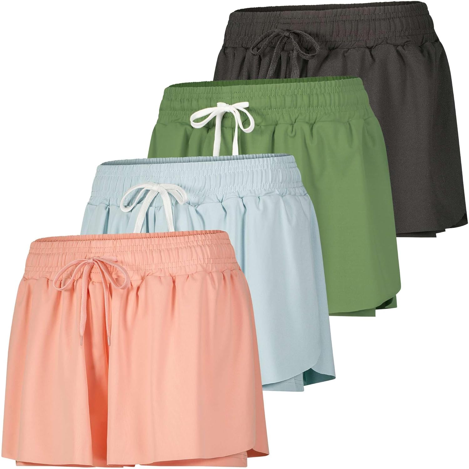 Real Essentials 4 Pack:Womens Flowy Dry Fit Running Short - Spandex Underneath Workout Summer Shorts (Available in Plus Size)