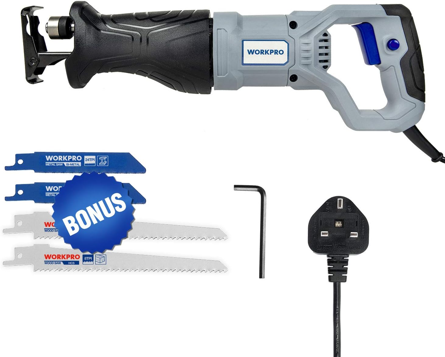 WORKPRO Reciprocating Saw 710W with 4 Blades, 2800 RPM Variable Speed, 20mm Stroke Length, Tool-Free Blade Change, Electric Corded Sabre Saw for Wood Metal Cutting