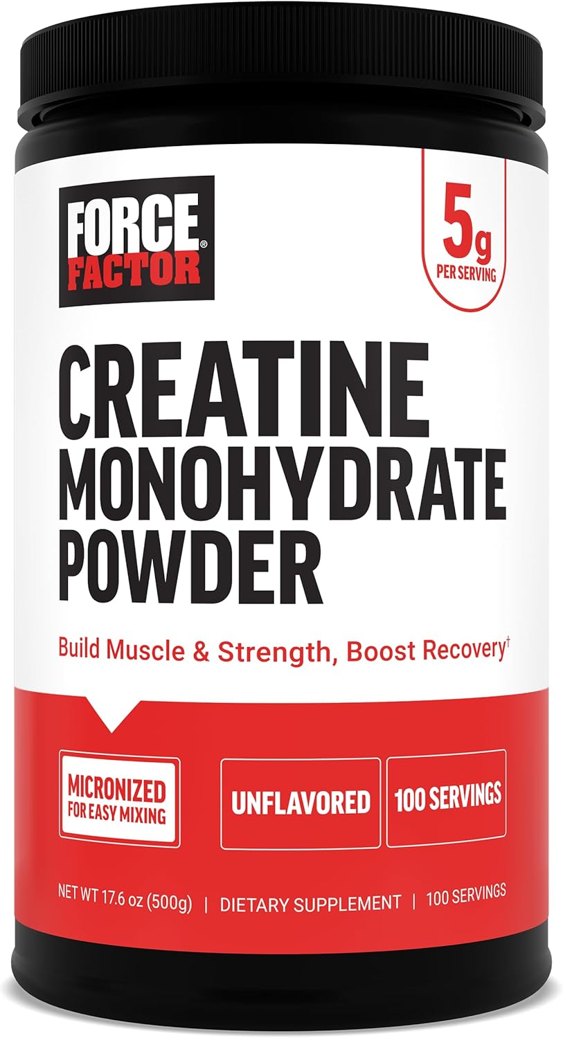 Force Factor Creatine Monohydrate Powder, 5g Micronized Dose to Support Muscle Growth, Strength, Recovery, Cognitive Health & Memory, Unflavored, 100 Servings