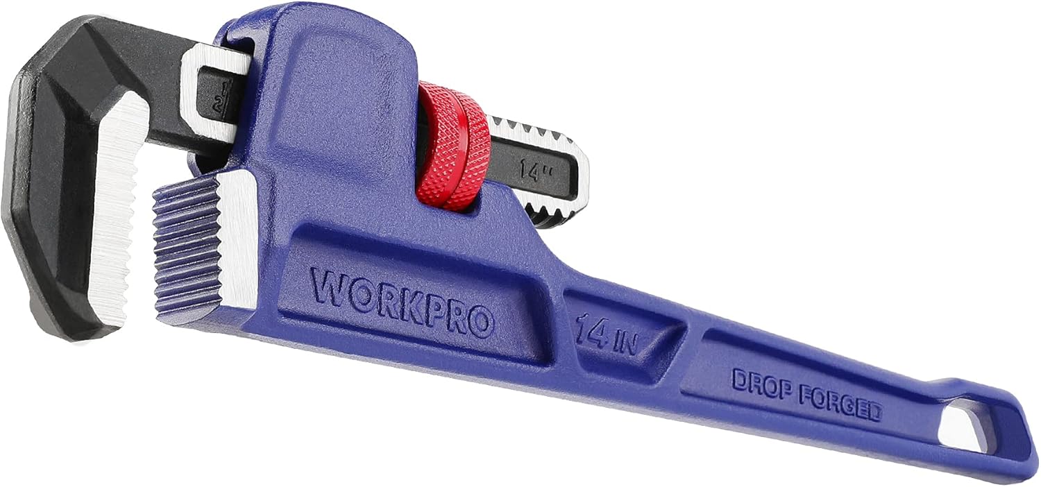 WORKPRO 14 inch / 350mm Drop-Forged Heavy Duty Straight Plumbing Wrench, Adjustable Pipe Wrench with Large Jaw Width (Max. 70mm) and Scales