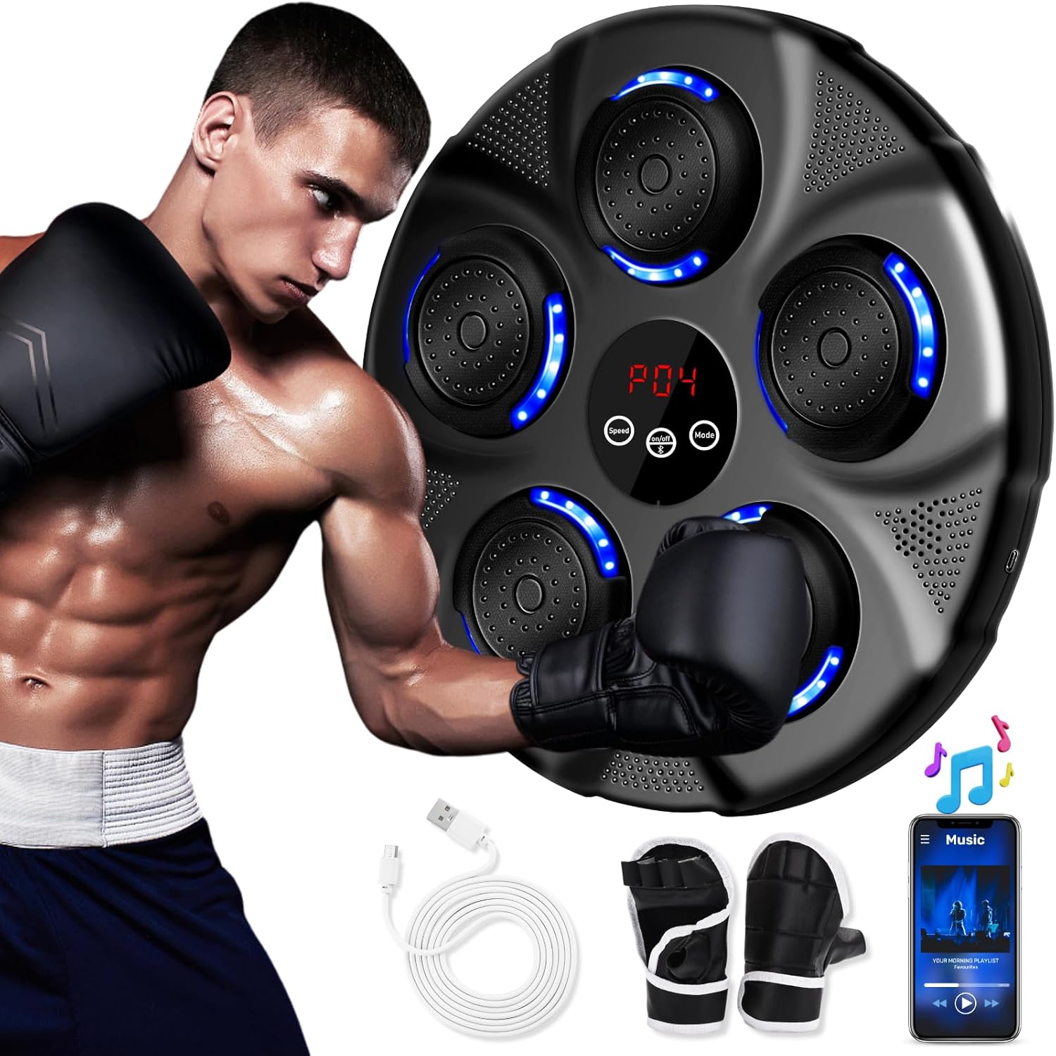 Deenor Music Boxing Machine, Smart Music Boxing Machine, Musical Boxing Machine Wall Mounted with 9 Modes/Speed Adjustment, Bluetooth Connection and Boxing Gloves, for Kids/Adults