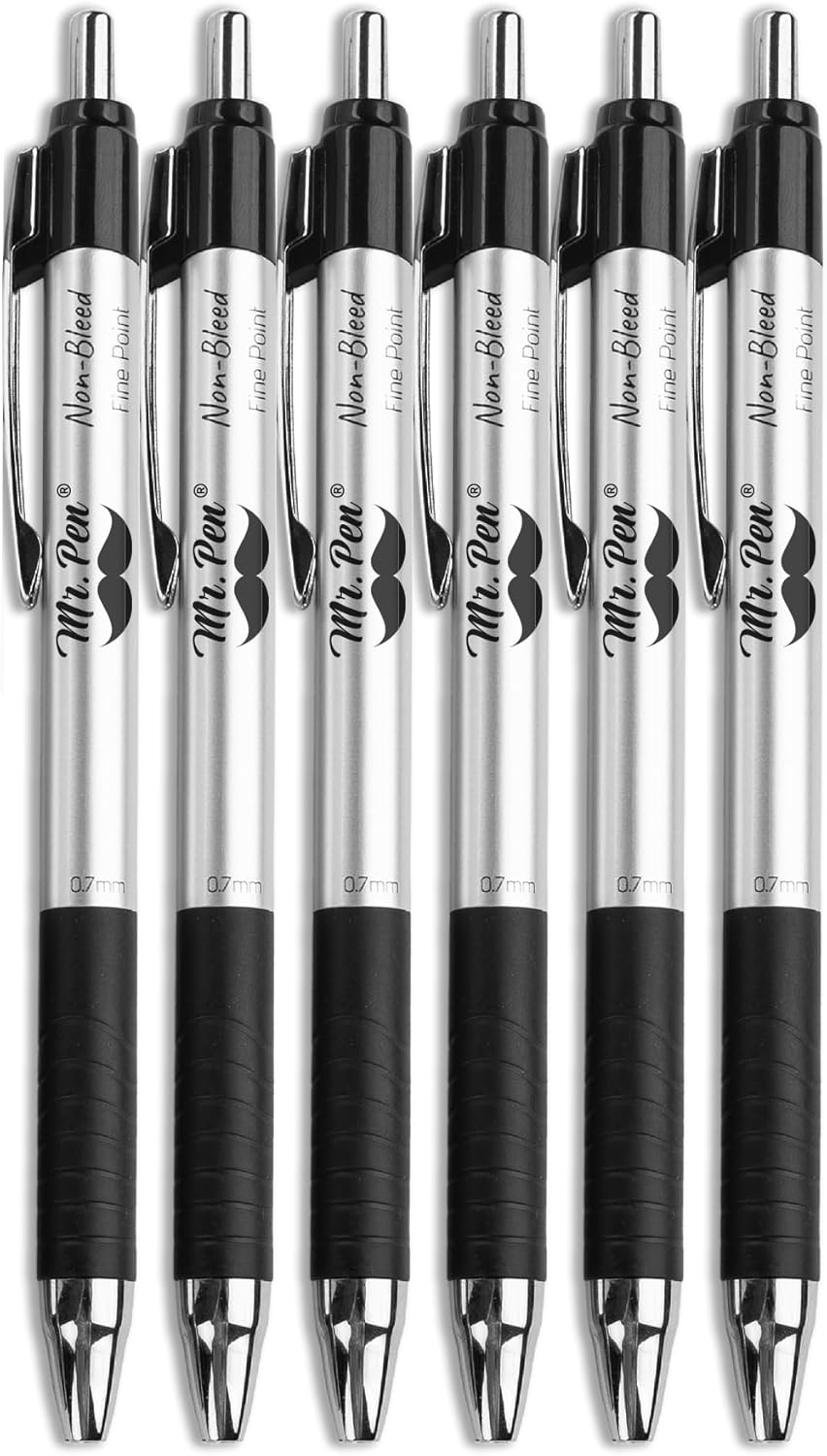 Mr. Pen No Bleed Pens, Bible Pens, Fine Tip, Black, Pack of 6