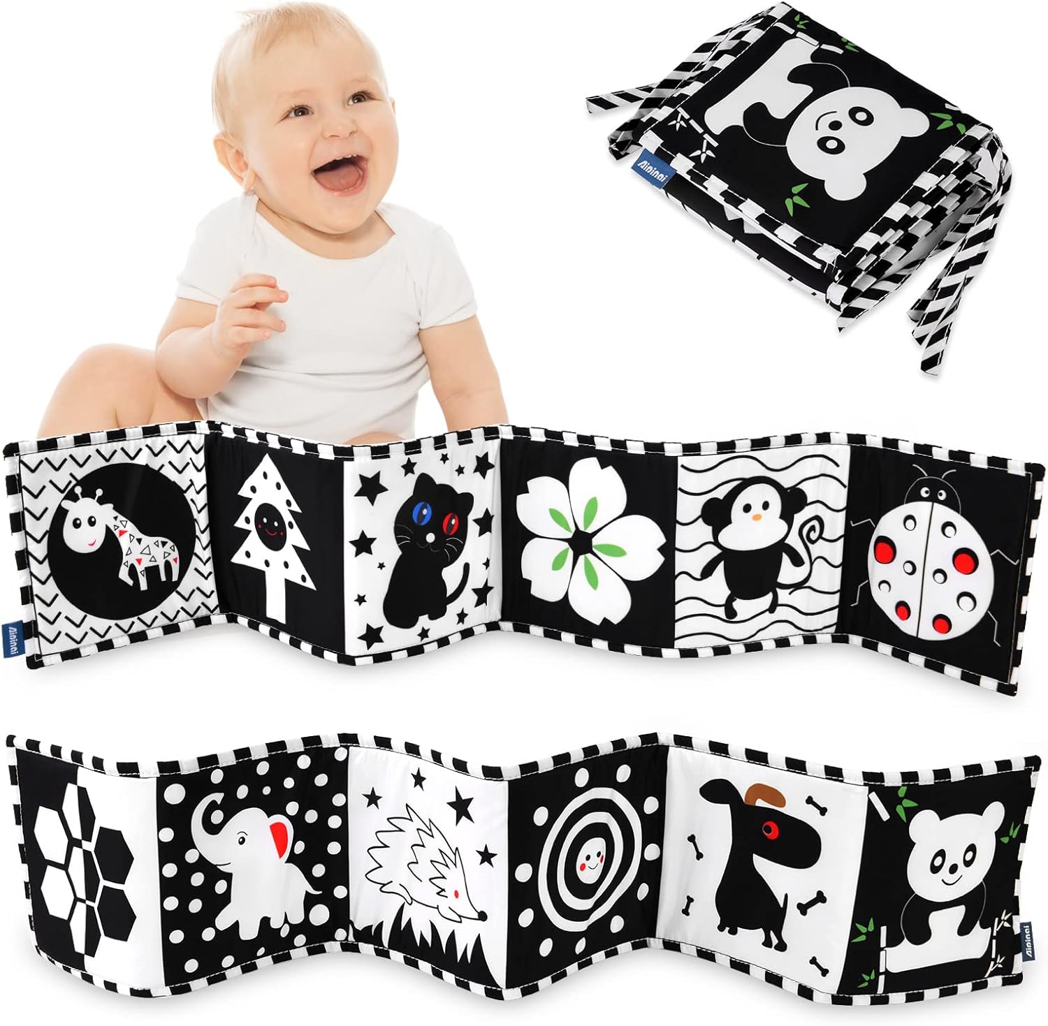 Vicloon Baby Soft Books, Baby Cloth Book, Black and White High Contrast Soft Cloth Book for Early Learning, Foldable Soft Fabric Quiet Book, Touch and Feel Crinkle Cloth Books for Babies First Book